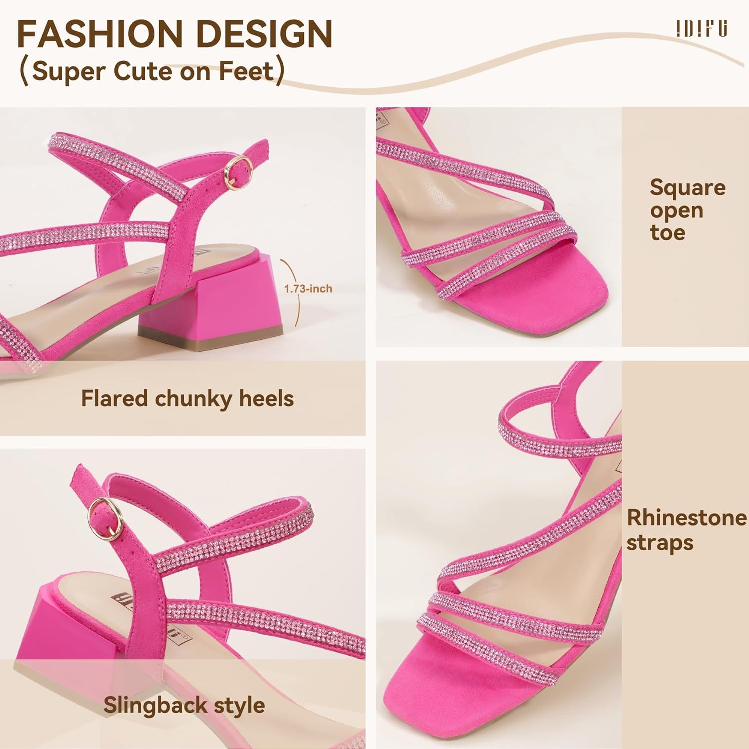 image:imageIDIFU IN2 Rhinestone Low Heels for Women Sparkly Dressy Block Short Strappy Square Open Toe Chunky Heeled Sandals Prom Wedding Bride Party Dress Shoes Comfortable Bling Thick HeelsHot Pink Rhinestone