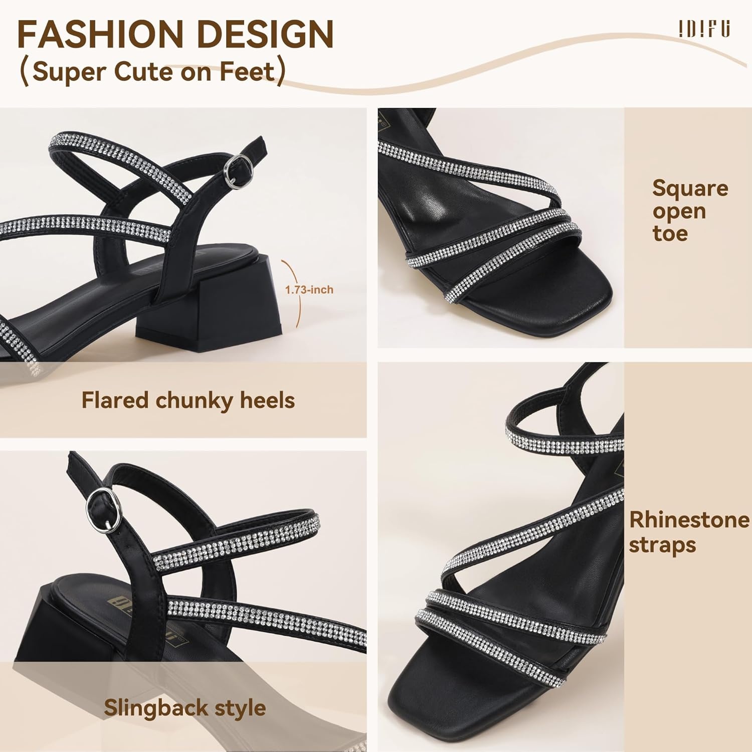 image:imageIDIFU IN2 Rhinestone Low Heels for Women Sparkly Dressy Block Short Strappy Square Open Toe Chunky Heeled Sandals Prom Wedding Bride Party Dress Shoes Comfortable Bling Thick HeelsBlack Rhinestone