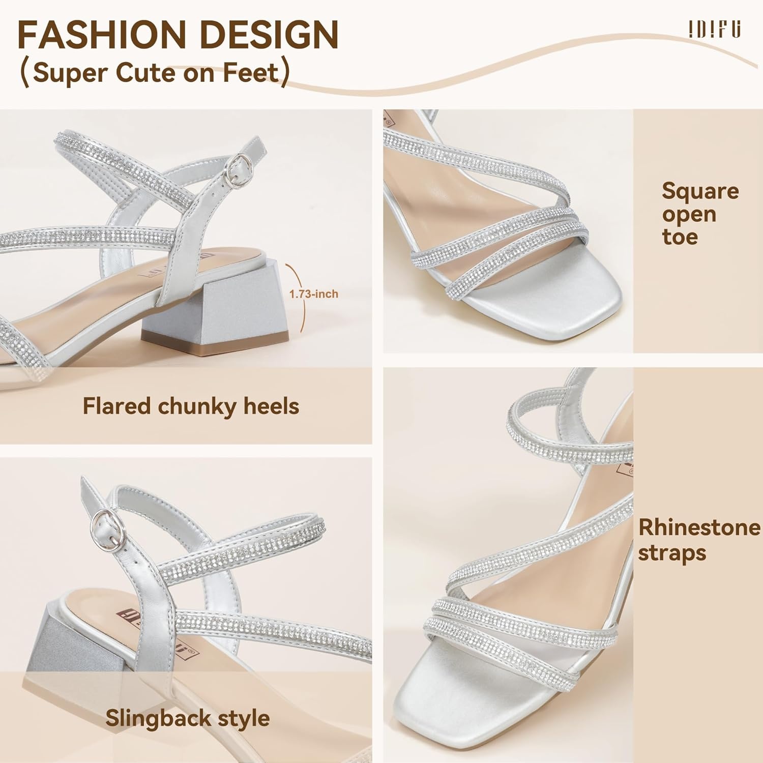 image:imageIDIFU IN2 Rhinestone Low Heels for Women Sparkly Dressy Block Short Strappy Square Open Toe Chunky Heeled Sandals Prom Wedding Bride Party Dress Shoes Comfortable Bling Thick HeelsSilver Rhinestone