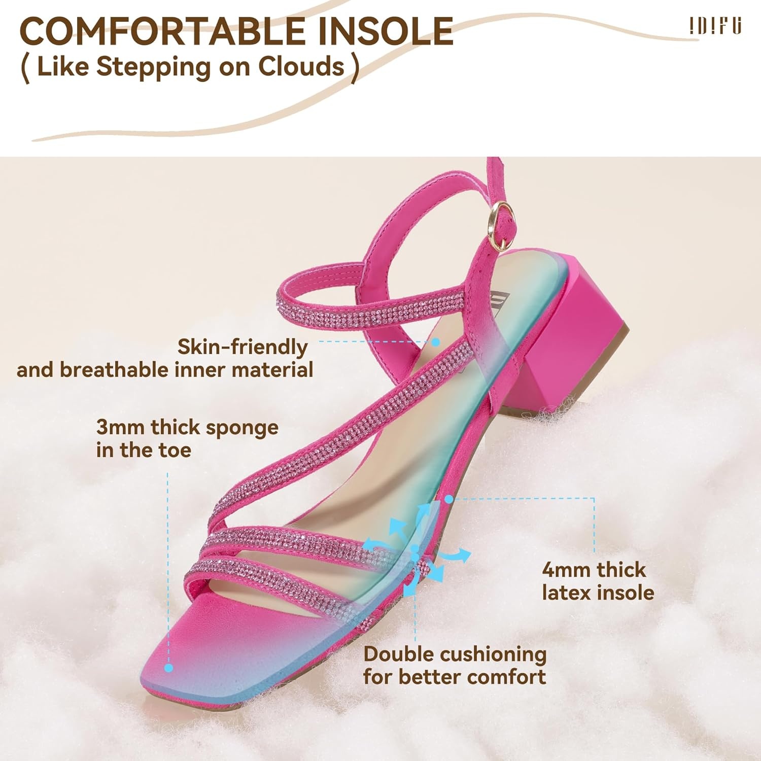 image:imageIDIFU IN2 Rhinestone Low Heels for Women Sparkly Dressy Block Short Strappy Square Open Toe Chunky Heeled Sandals Prom Wedding Bride Party Dress Shoes Comfortable Bling Thick HeelsHot Pink Rhinestone