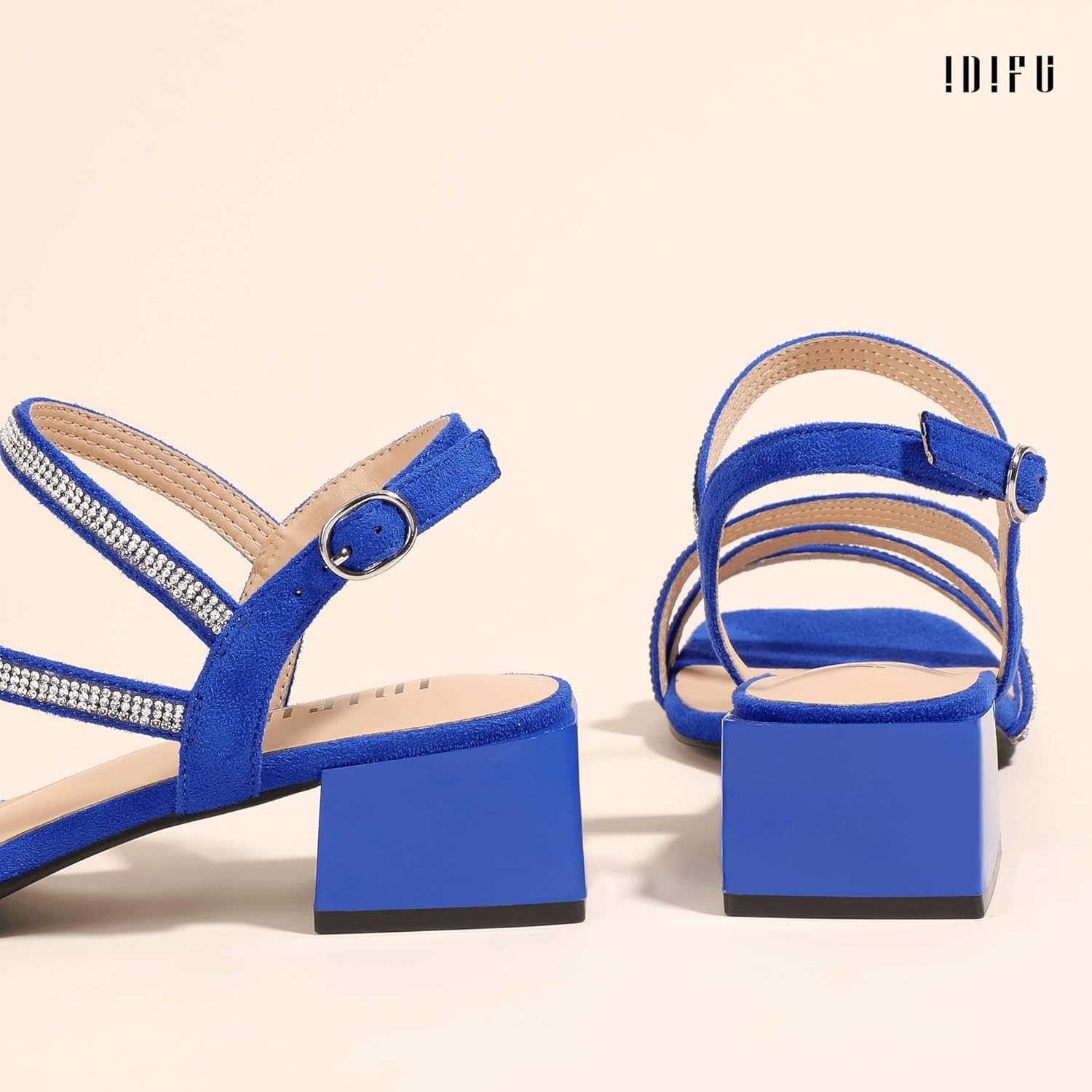 image:imageIDIFU IN2 Rhinestone Low Heels for Women Sparkly Dressy Block Short Strappy Square Open Toe Chunky Heeled Sandals Prom Wedding Bride Party Dress Shoes Comfortable Bling Thick HeelsRoyal Blue Rhinestone