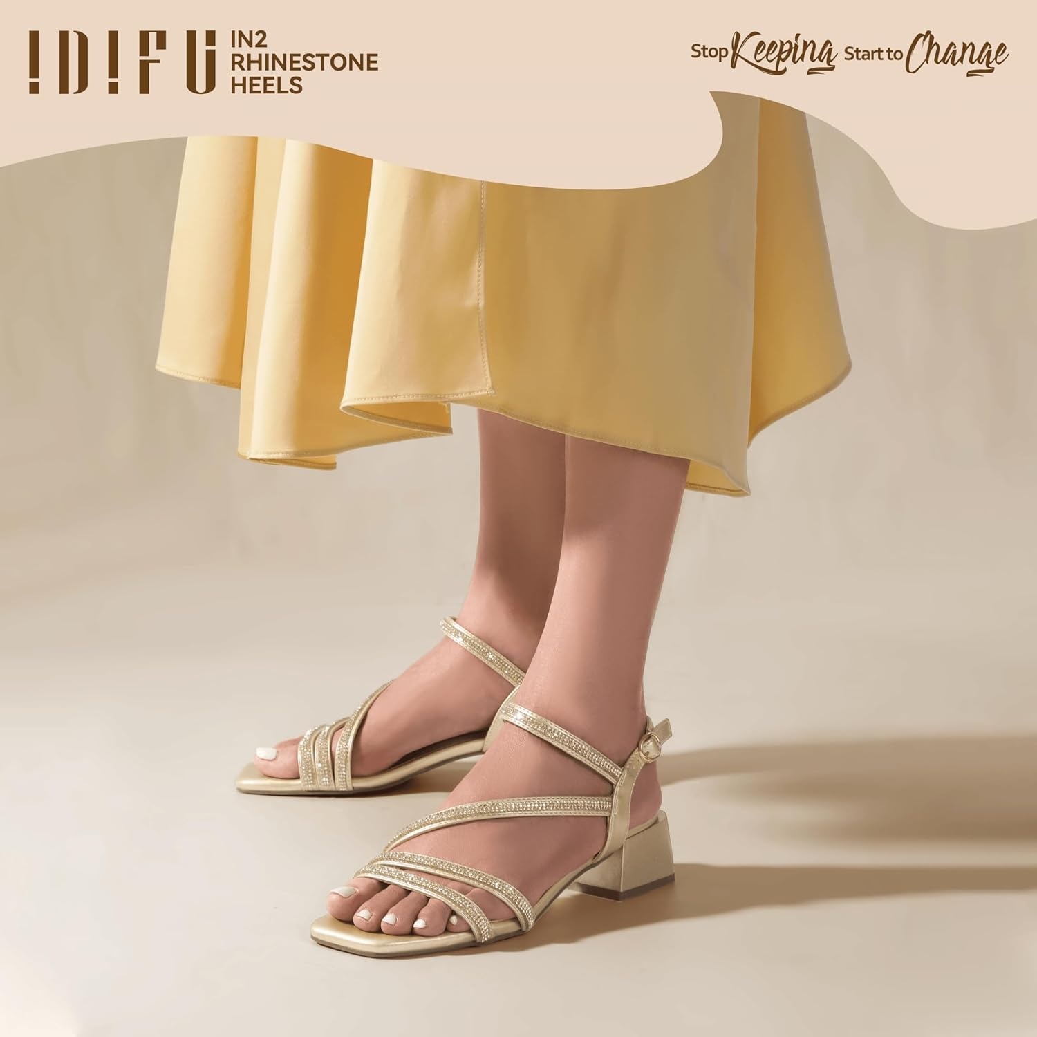 image:imageIDIFU IN2 Rhinestone Low Heels for Women Sparkly Dressy Block Short Strappy Square Open Toe Chunky Heeled Sandals Prom Wedding Bride Party Dress Shoes Comfortable Bling Thick HeelsGold Rhinestone