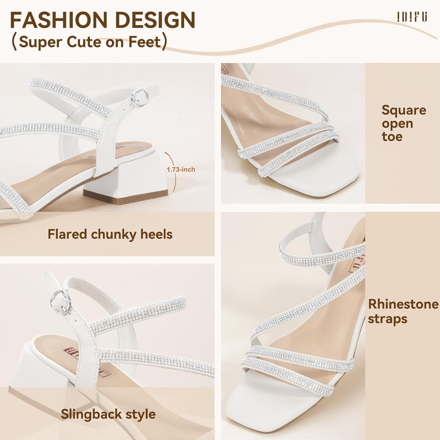 image:imageIDIFU IN2 Rhinestone Low Heels for Women Sparkly Dressy Block Short Strappy Square Open Toe Chunky Heeled Sandals Prom Wedding Bride Party Dress Shoes Comfortable Bling Thick HeelsWhite Rhinestone