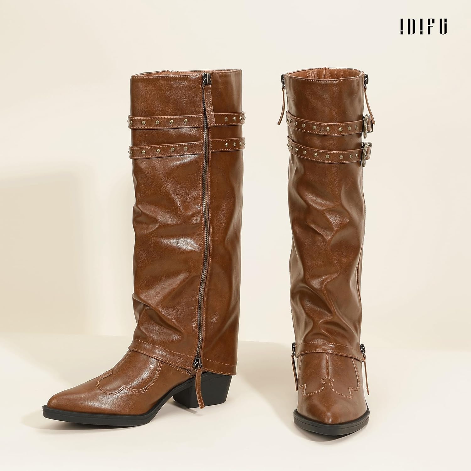 image:imageIDIFU IN2 Women Fold Over Cowboy Boots Slouchy Cowgirl Knee High Boots Pointed Toe Low Short Block Chunky Heel Boot Long Tall Studded Zipper Buckles Comfort Trendy Dressy Shark BootBrown Pu