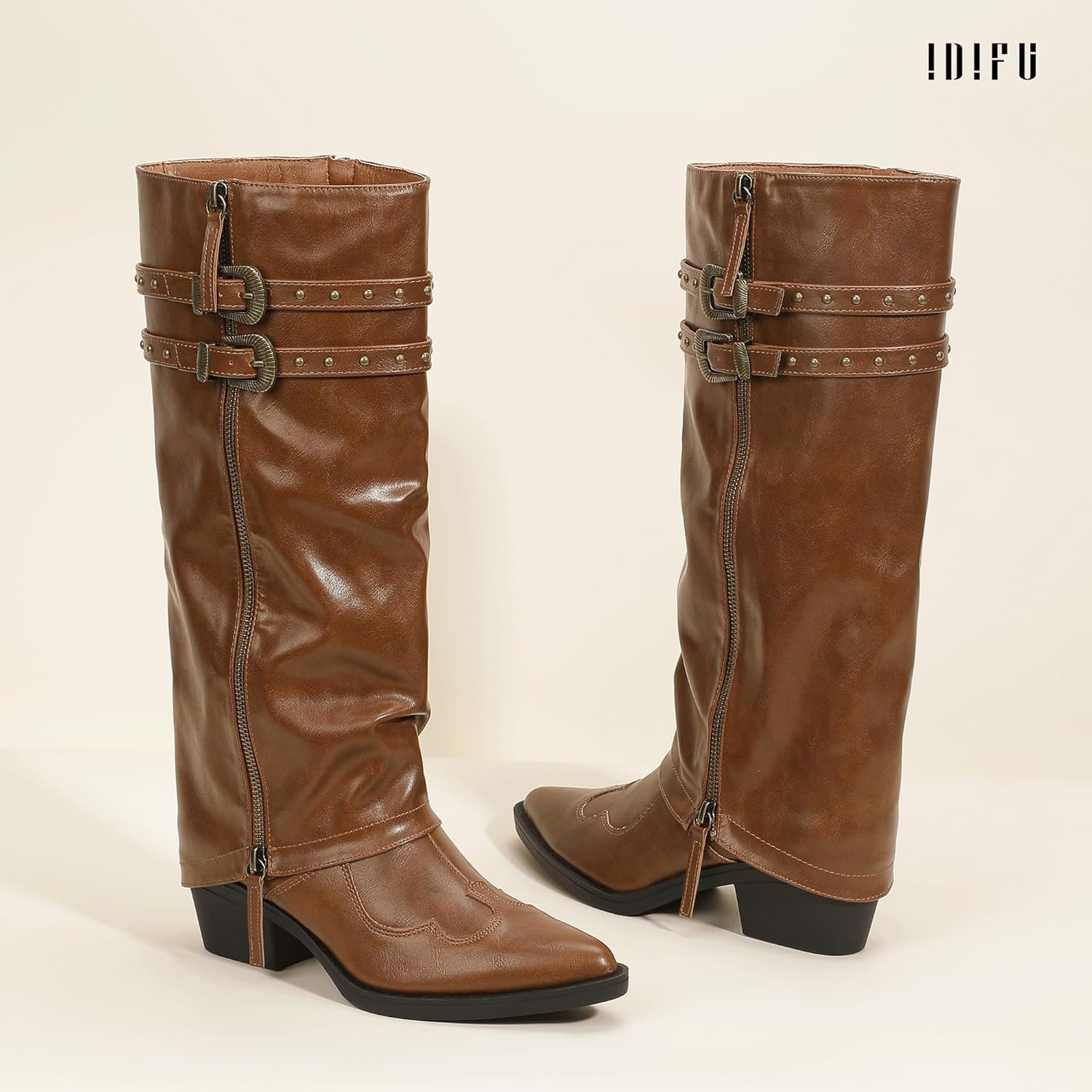image:imageIDIFU IN2 Women Fold Over Cowboy Boots Slouchy Cowgirl Knee High Boots Pointed Toe Low Short Block Chunky Heel Boot Long Tall Studded Zipper Buckles Comfort Trendy Dressy Shark BootBrown Pu