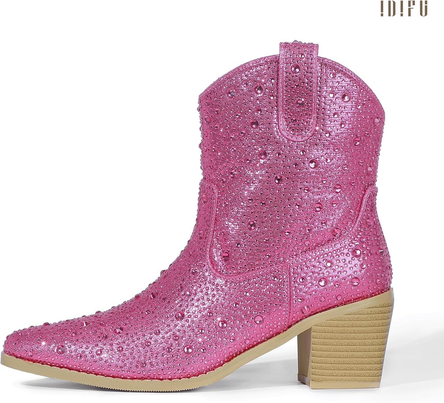 image:imageIDIFU IN2 Womens Booties Cowgirl Cowboy Rhinestone Ankle Boots for Women Low Short Block Heel Pointed Toe Slip On Fall Booties Ladies Western Sparkly Glitter Disco Wedding Fashion Dressy BootsHot Pink Rhinestone