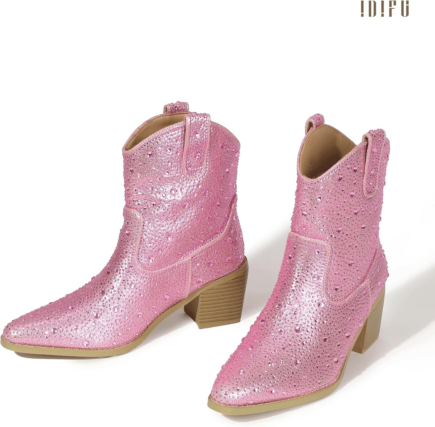 image:imageIDIFU IN2 Womens Booties Cowgirl Cowboy Rhinestone Ankle Boots for Women Low Short Block Heel Pointed Toe Slip On Fall Booties Ladies Western Sparkly Glitter Disco Wedding Fashion Dressy BootsPink Rhinestone