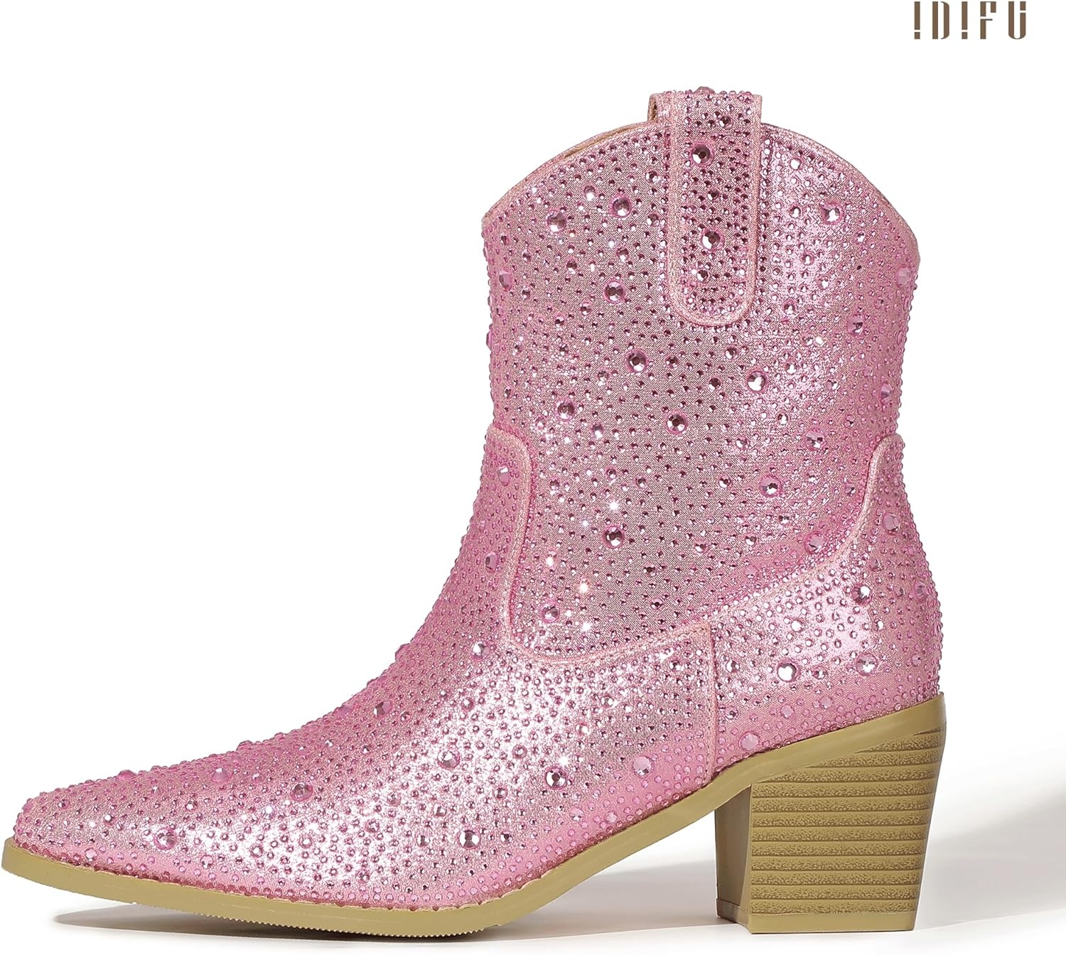 image:imageIDIFU IN2 Womens Booties Cowgirl Cowboy Rhinestone Ankle Boots for Women Low Short Block Heel Pointed Toe Slip On Fall Booties Ladies Western Sparkly Glitter Disco Wedding Fashion Dressy BootsPink Rhinestone