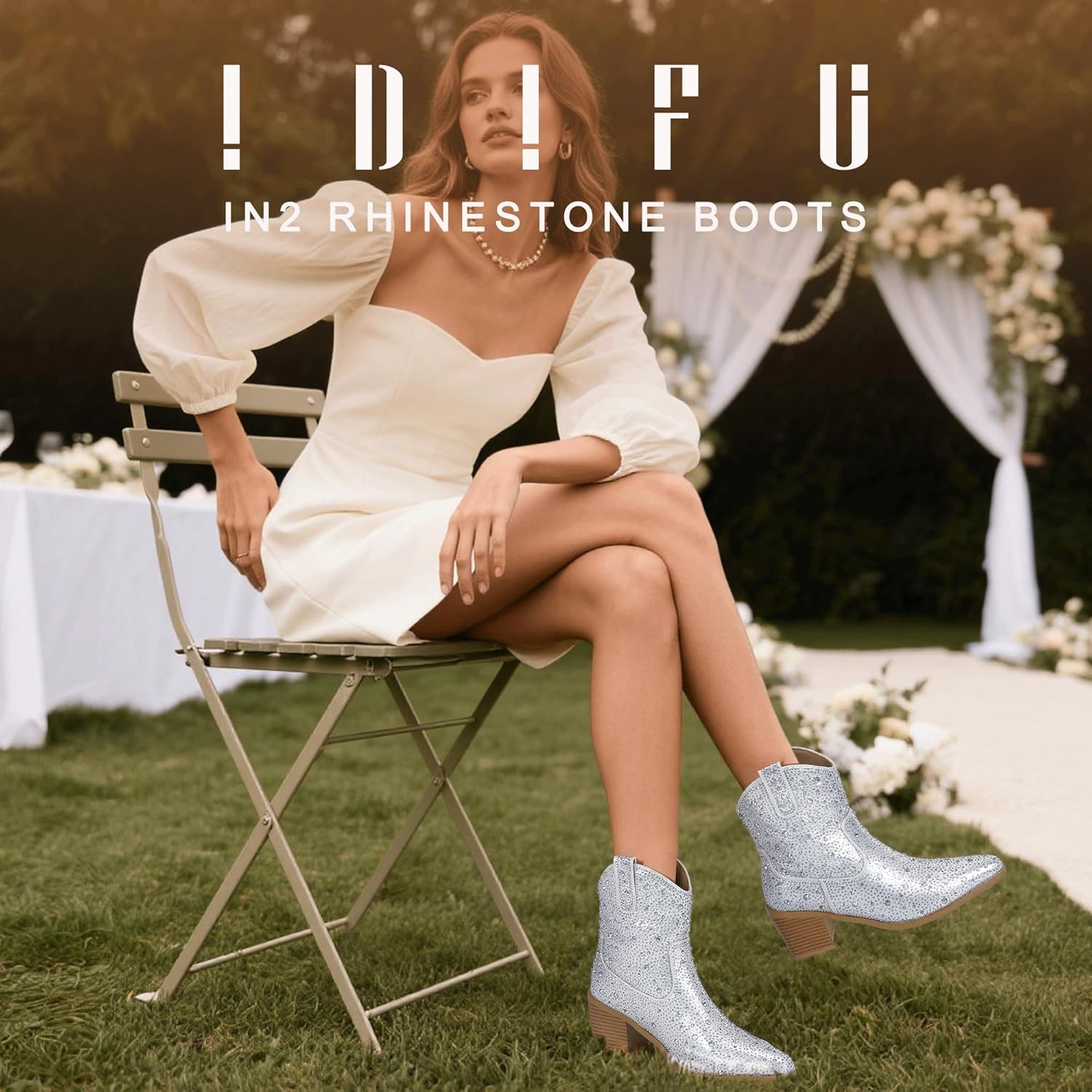 image:imageIDIFU IN2 Womens Booties Cowgirl Cowboy Rhinestone Ankle Boots for Women Low Short Block Heel Pointed Toe Slip On Fall Booties Ladies Western Sparkly Glitter Disco Wedding Fashion Dressy BootsSilver Rhinestone