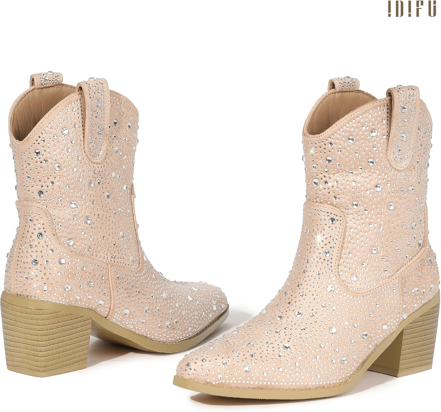 image:imageIDIFU IN2 Womens Booties Cowgirl Cowboy Rhinestone Ankle Boots for Women Low Short Block Heel Pointed Toe Slip On Fall Booties Ladies Western Sparkly Glitter Disco Wedding Fashion Dressy BootsTan Rhinestone