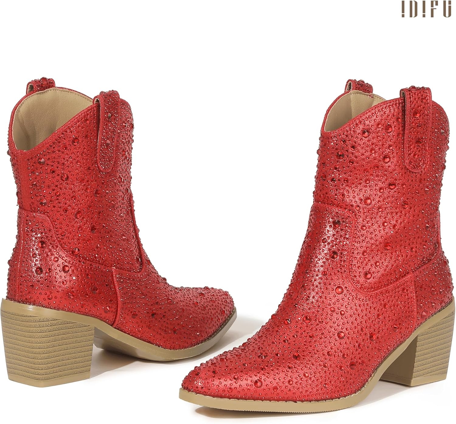 image:imageIDIFU IN2 Womens Booties Cowgirl Cowboy Rhinestone Ankle Boots for Women Low Short Block Heel Pointed Toe Slip On Fall Booties Ladies Western Sparkly Glitter Disco Wedding Fashion Dressy BootsRed Rhinestone