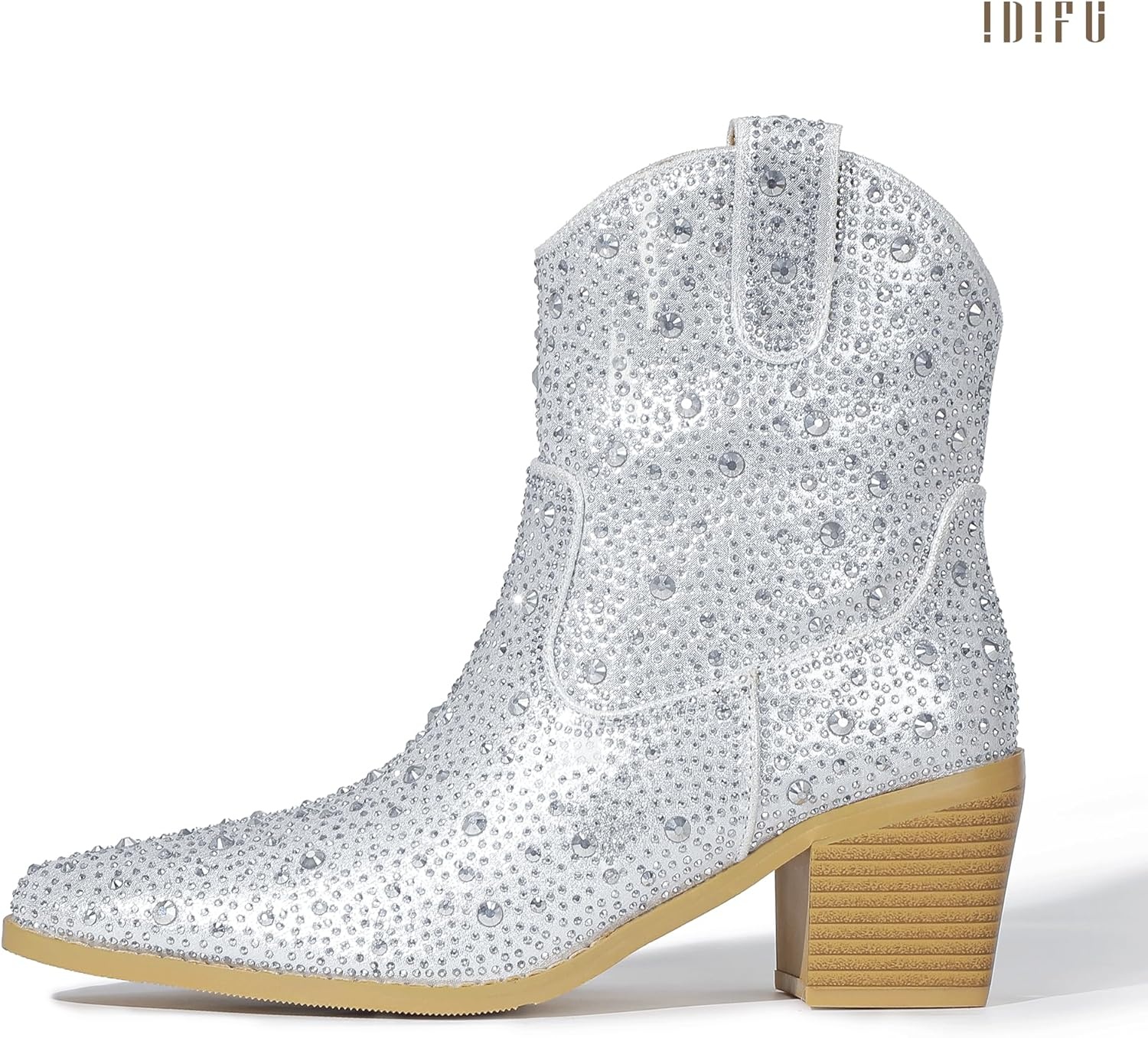 image:imageIDIFU IN2 Womens Booties Cowgirl Cowboy Rhinestone Ankle Boots for Women Low Short Block Heel Pointed Toe Slip On Fall Booties Ladies Western Sparkly Glitter Disco Wedding Fashion Dressy BootsSilver Rhinestone