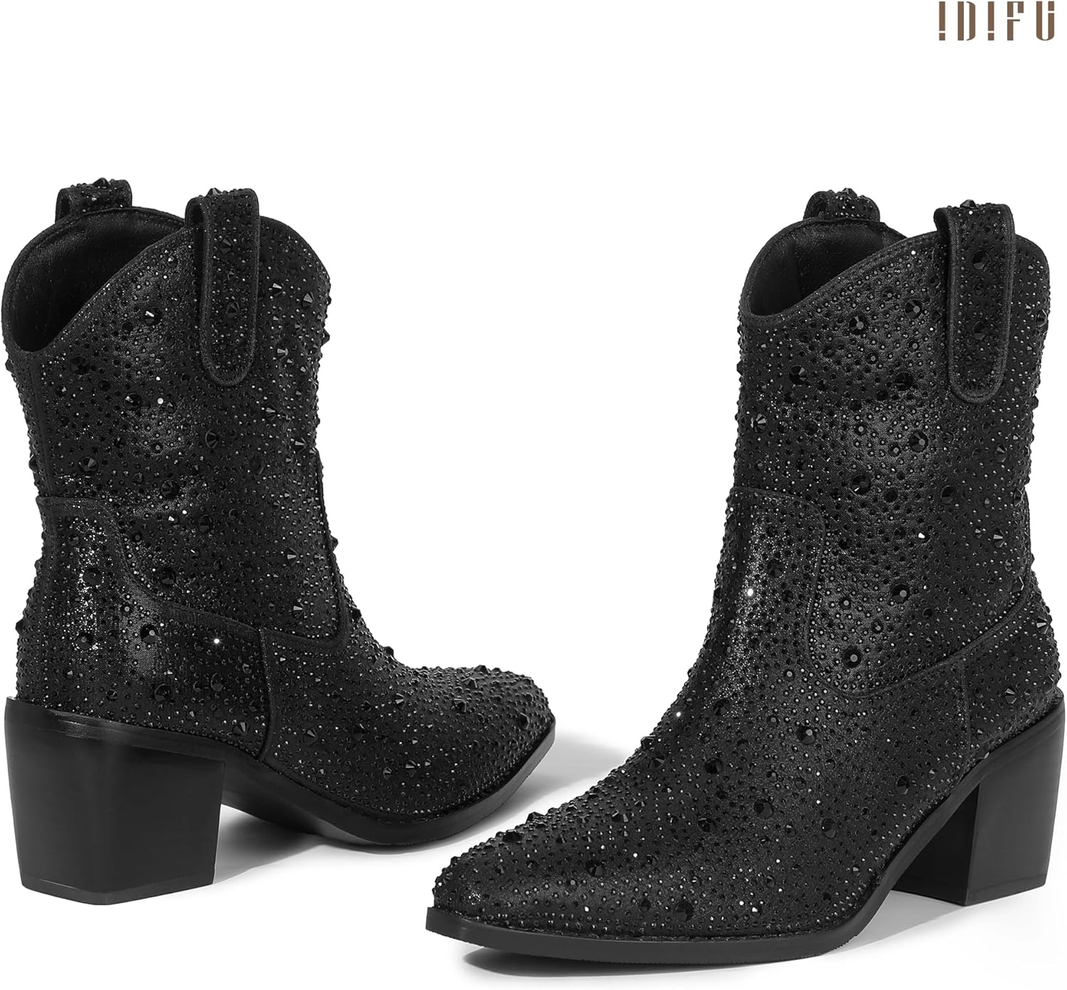 image:imageIDIFU IN2 Womens Booties Cowgirl Cowboy Rhinestone Ankle Boots for Women Low Short Block Heel Pointed Toe Slip On Fall Booties Ladies Western Sparkly Glitter Disco Wedding Fashion Dressy BootsBlack Rhinestone