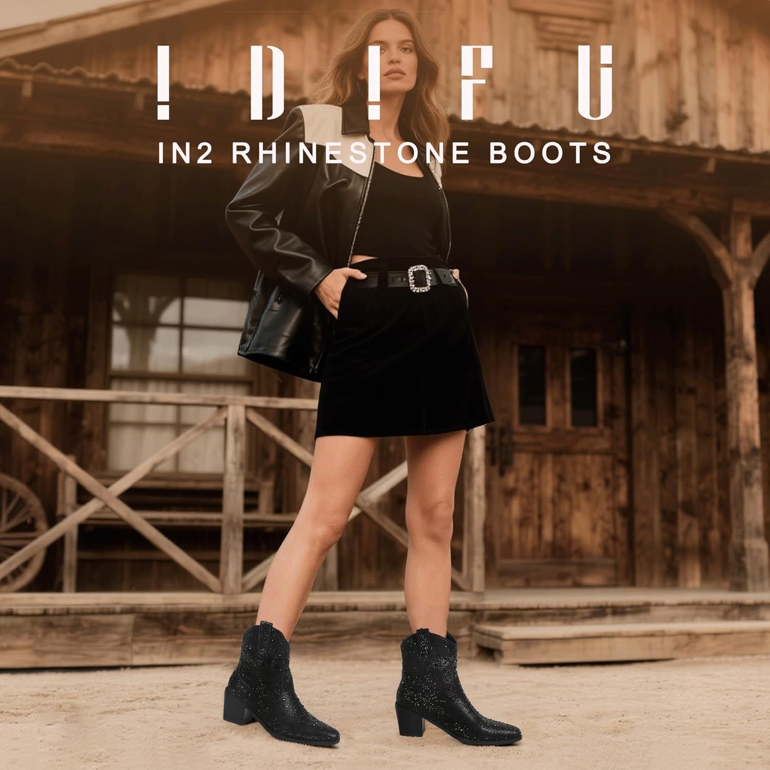 image:imageIDIFU IN2 Womens Booties Cowgirl Cowboy Rhinestone Ankle Boots for Women Low Short Block Heel Pointed Toe Slip On Fall Booties Ladies Western Sparkly Glitter Disco Wedding Fashion Dressy BootsBlack Rhinestone