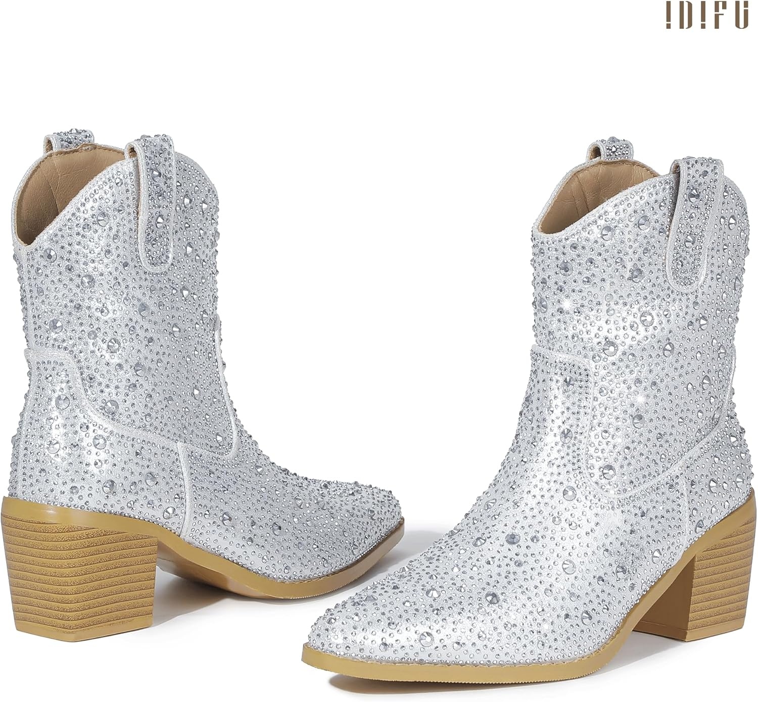 image:imageIDIFU IN2 Womens Booties Cowgirl Cowboy Rhinestone Ankle Boots for Women Low Short Block Heel Pointed Toe Slip On Fall Booties Ladies Western Sparkly Glitter Disco Wedding Fashion Dressy BootsSilver Rhinestone