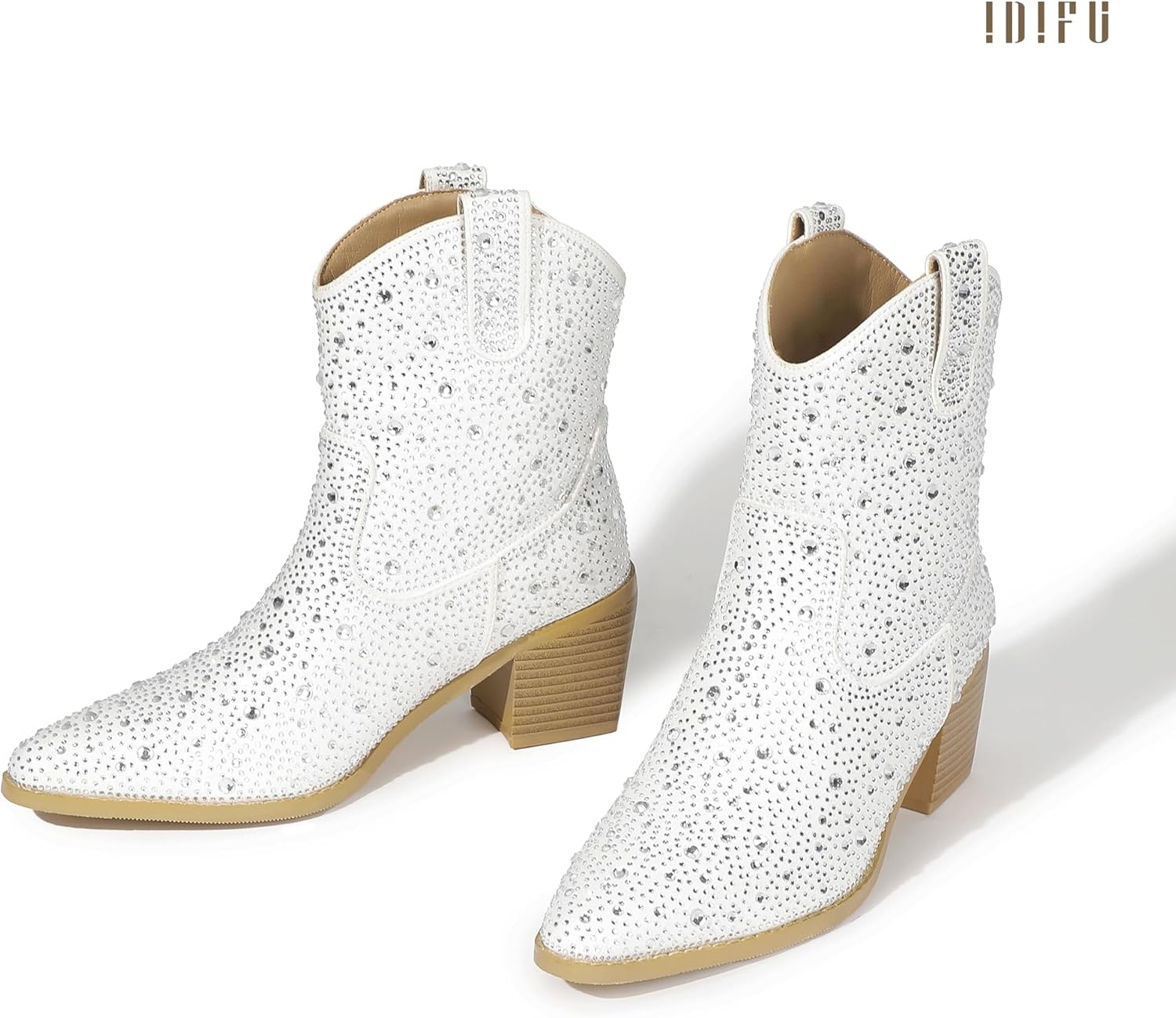 image:imageIDIFU IN2 Womens Booties Cowgirl Cowboy Rhinestone Ankle Boots for Women Low Short Block Heel Pointed Toe Slip On Fall Booties Ladies Western Sparkly Glitter Disco Wedding Fashion Dressy BootsWhite Rhinestone