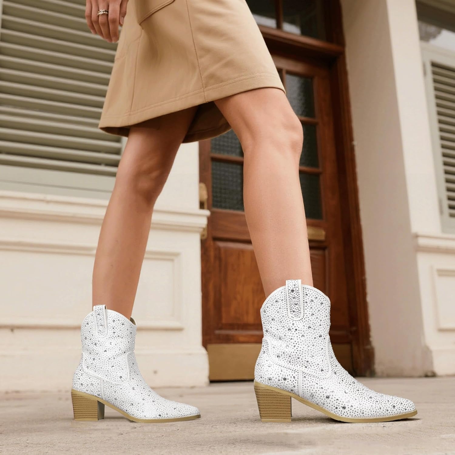 image:imageIDIFU IN2 Womens Booties Cowgirl Cowboy Rhinestone Ankle Boots for Women Low Short Block Heel Pointed Toe Slip On Fall Booties Ladies Western Sparkly Glitter Disco Wedding Fashion Dressy BootsWhite Rhinestone
