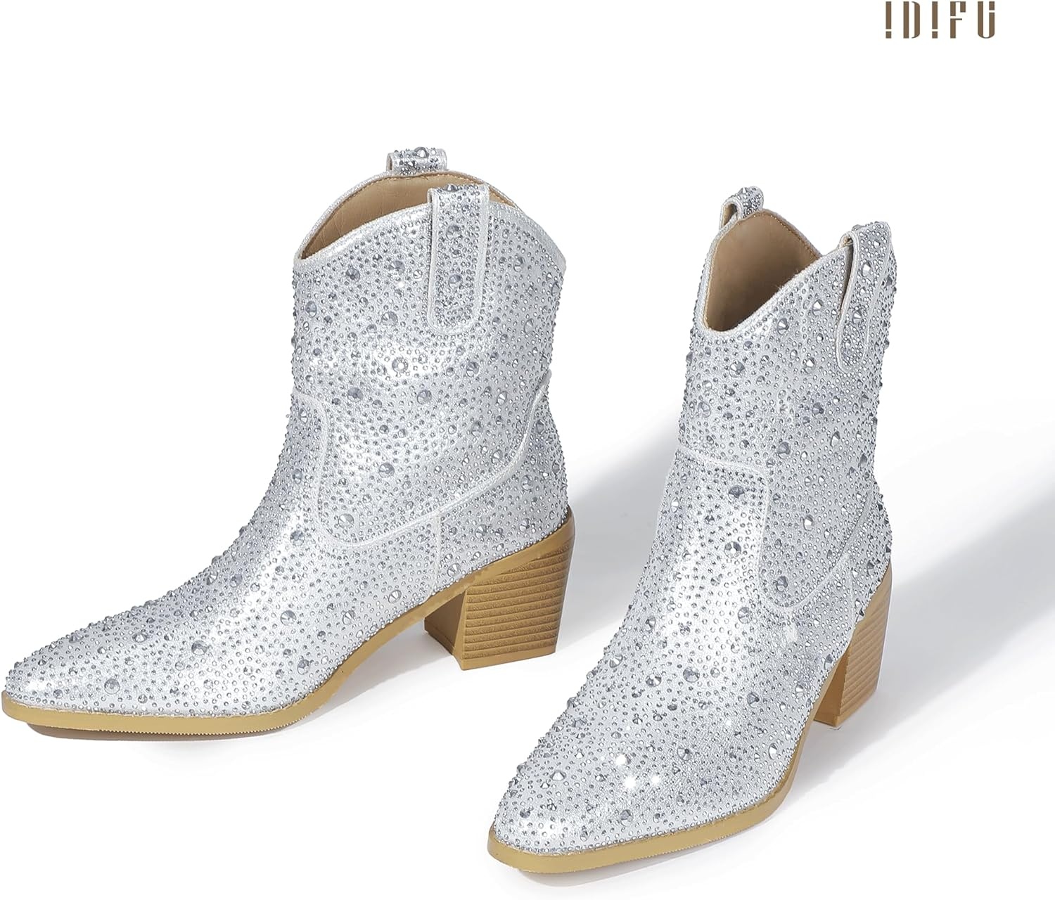 image:imageIDIFU IN2 Womens Booties Cowgirl Cowboy Rhinestone Ankle Boots for Women Low Short Block Heel Pointed Toe Slip On Fall Booties Ladies Western Sparkly Glitter Disco Wedding Fashion Dressy BootsSilver Rhinestone