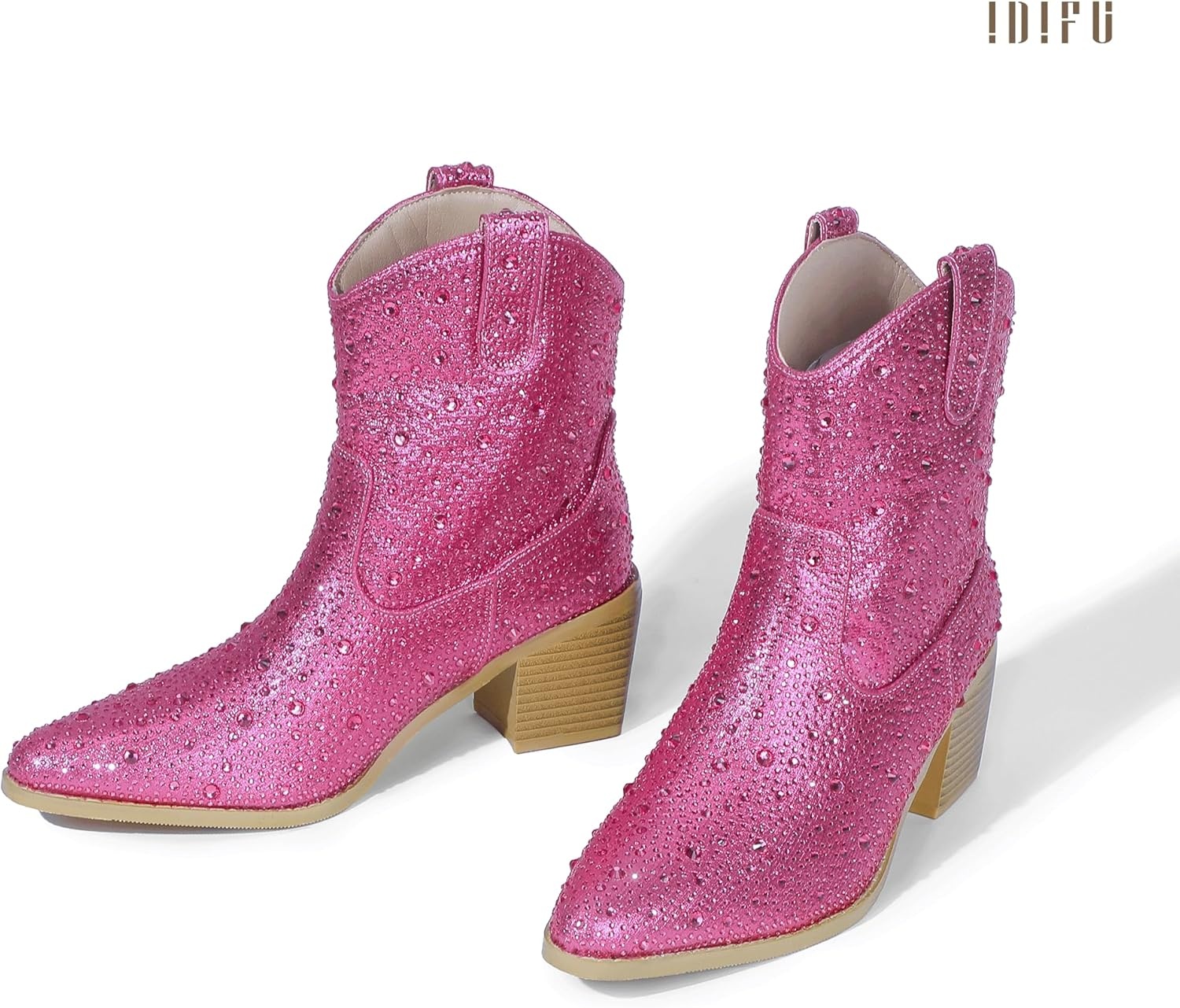 image:imageIDIFU IN2 Womens Booties Cowgirl Cowboy Rhinestone Ankle Boots for Women Low Short Block Heel Pointed Toe Slip On Fall Booties Ladies Western Sparkly Glitter Disco Wedding Fashion Dressy BootsHot Pink Rhinestone