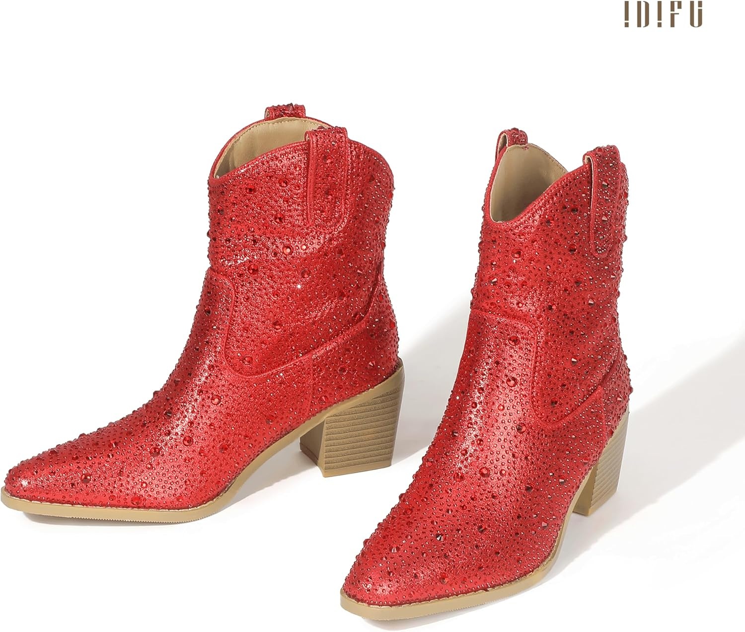 image:imageIDIFU IN2 Womens Booties Cowgirl Cowboy Rhinestone Ankle Boots for Women Low Short Block Heel Pointed Toe Slip On Fall Booties Ladies Western Sparkly Glitter Disco Wedding Fashion Dressy BootsRed Rhinestone