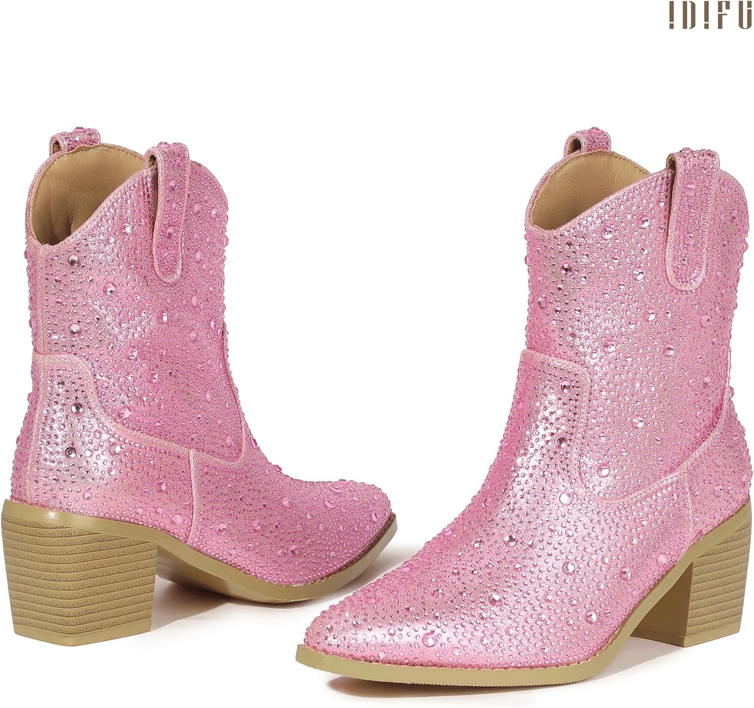 image:imageIDIFU IN2 Womens Booties Cowgirl Cowboy Rhinestone Ankle Boots for Women Low Short Block Heel Pointed Toe Slip On Fall Booties Ladies Western Sparkly Glitter Disco Wedding Fashion Dressy BootsPink Rhinestone