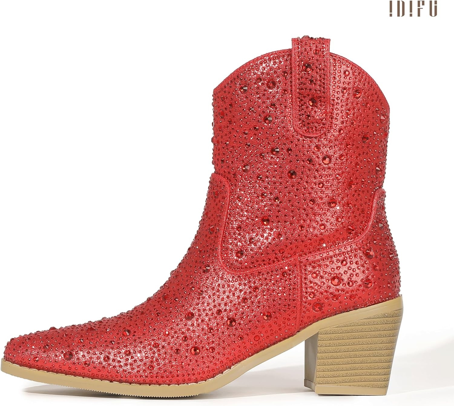 image:imageIDIFU IN2 Womens Booties Cowgirl Cowboy Rhinestone Ankle Boots for Women Low Short Block Heel Pointed Toe Slip On Fall Booties Ladies Western Sparkly Glitter Disco Wedding Fashion Dressy BootsRed Rhinestone