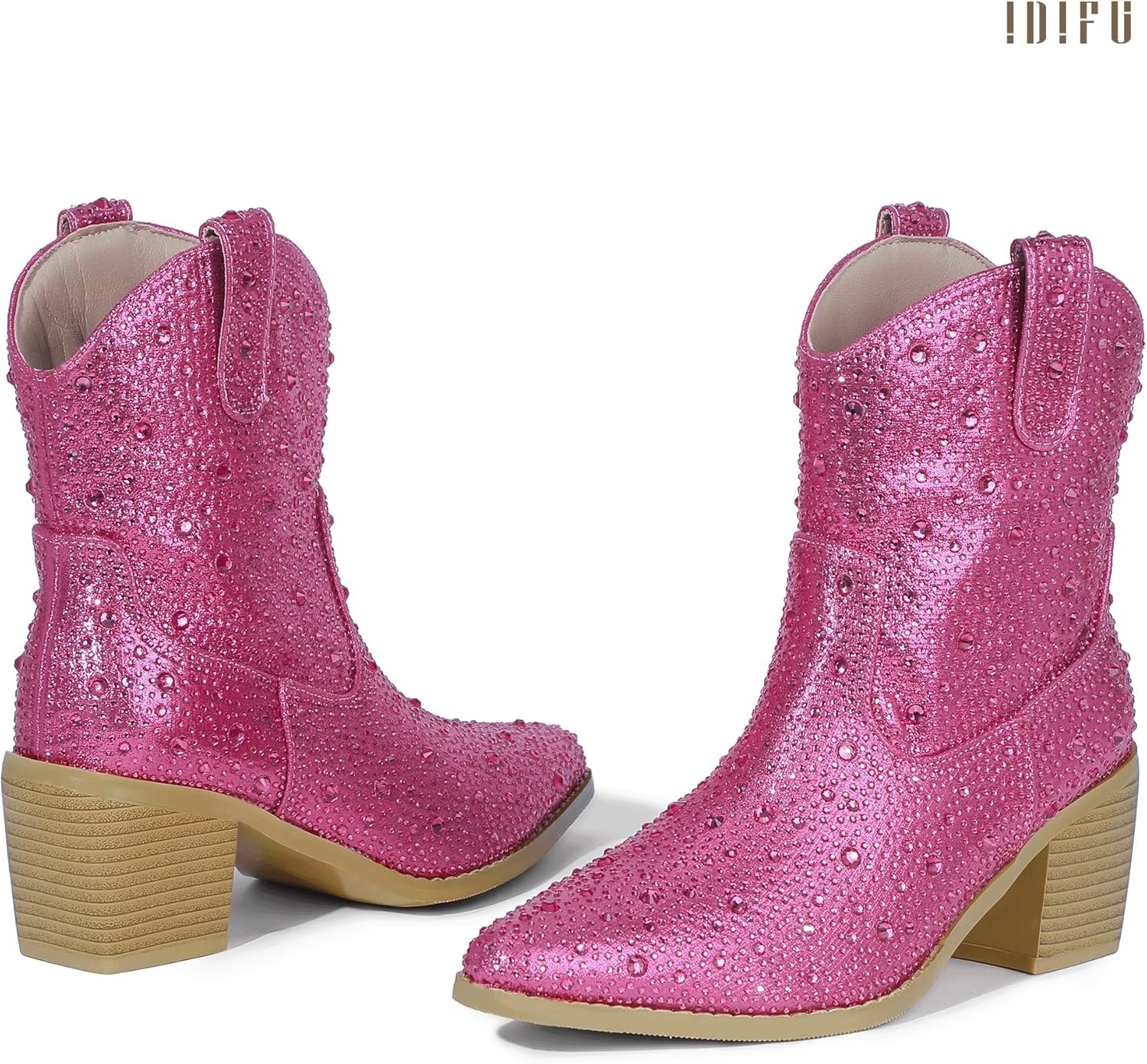 image:imageIDIFU IN2 Womens Booties Cowgirl Cowboy Rhinestone Ankle Boots for Women Low Short Block Heel Pointed Toe Slip On Fall Booties Ladies Western Sparkly Glitter Disco Wedding Fashion Dressy BootsHot Pink Rhinestone