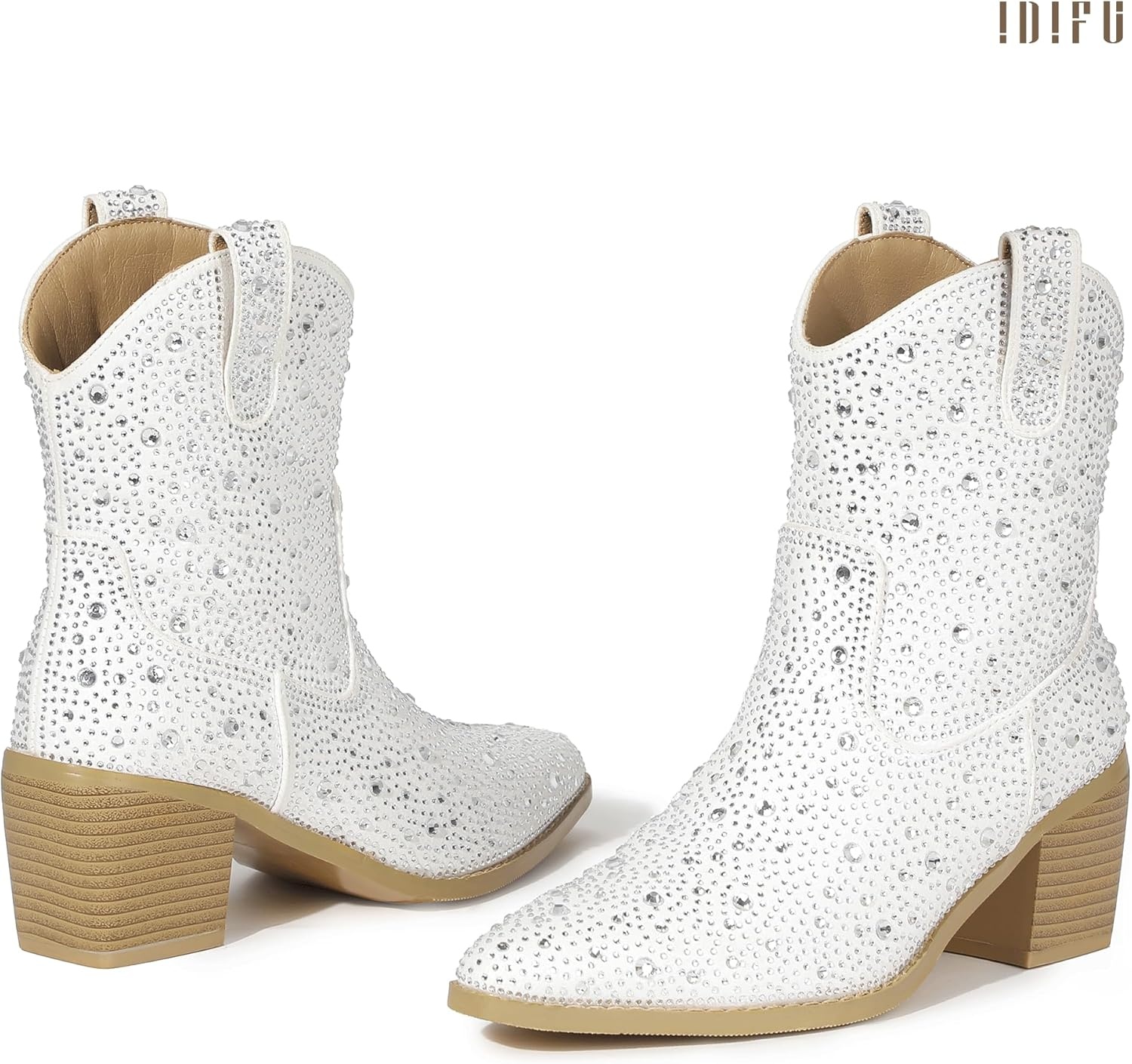 image:imageIDIFU IN2 Womens Booties Cowgirl Cowboy Rhinestone Ankle Boots for Women Low Short Block Heel Pointed Toe Slip On Fall Booties Ladies Western Sparkly Glitter Disco Wedding Fashion Dressy BootsWhite Rhinestone