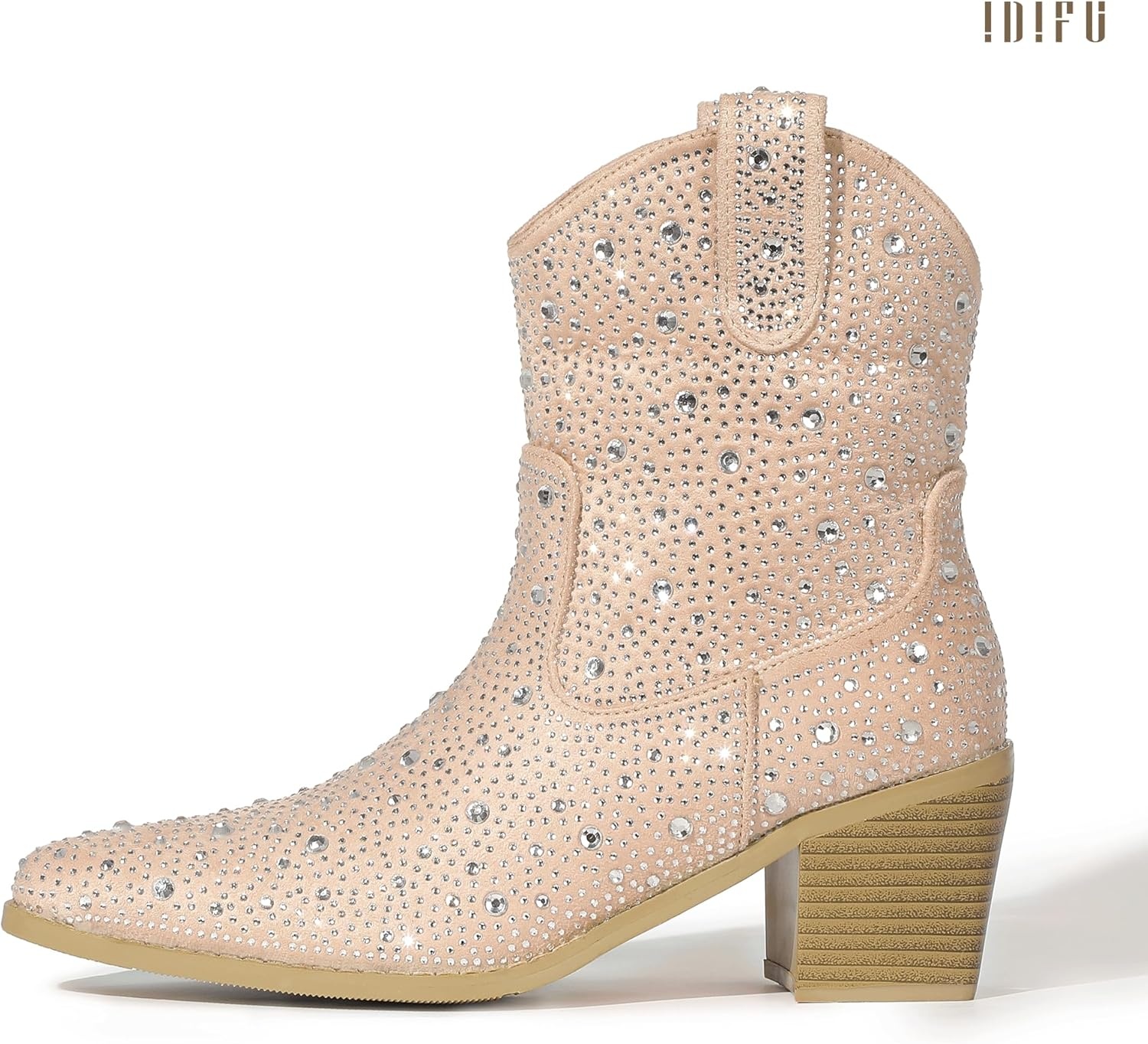 image:imageIDIFU IN2 Womens Booties Cowgirl Cowboy Rhinestone Ankle Boots for Women Low Short Block Heel Pointed Toe Slip On Fall Booties Ladies Western Sparkly Glitter Disco Wedding Fashion Dressy BootsTan Rhinestone