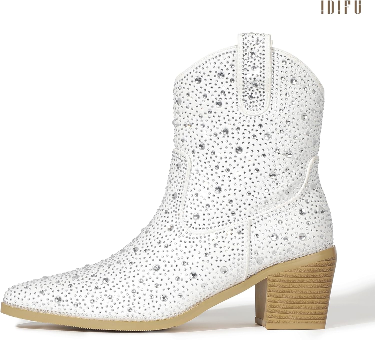 image:imageIDIFU IN2 Womens Booties Cowgirl Cowboy Rhinestone Ankle Boots for Women Low Short Block Heel Pointed Toe Slip On Fall Booties Ladies Western Sparkly Glitter Disco Wedding Fashion Dressy BootsWhite Rhinestone