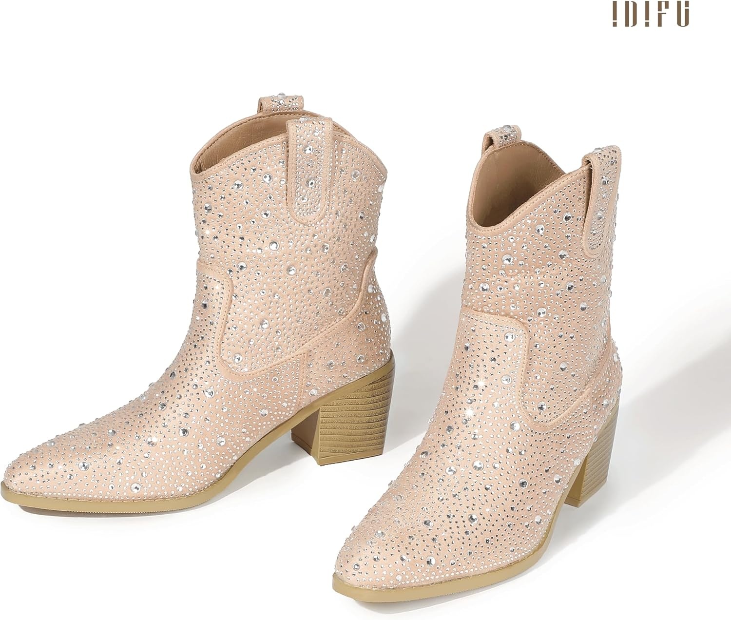 image:imageIDIFU IN2 Womens Booties Cowgirl Cowboy Rhinestone Ankle Boots for Women Low Short Block Heel Pointed Toe Slip On Fall Booties Ladies Western Sparkly Glitter Disco Wedding Fashion Dressy BootsTan Rhinestone