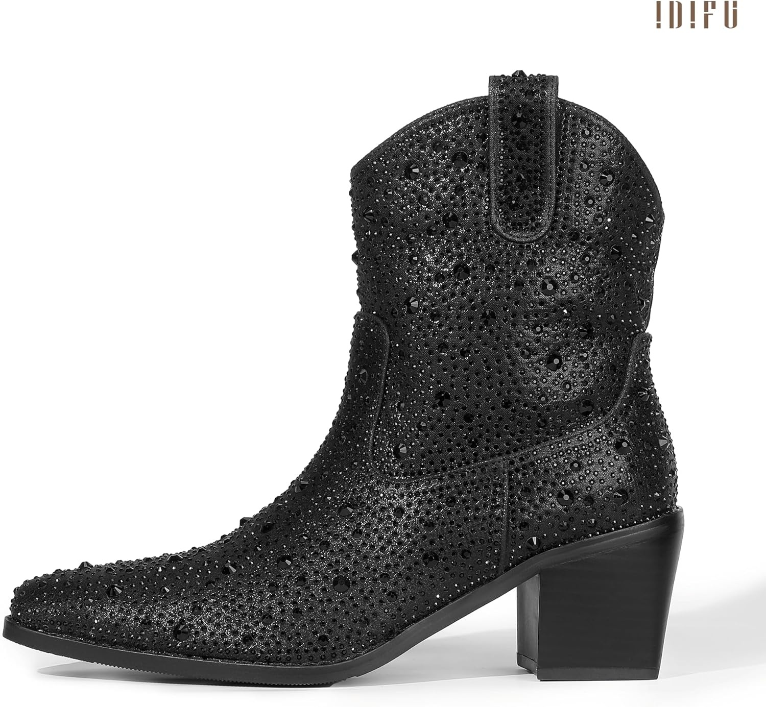 image:imageIDIFU IN2 Womens Booties Cowgirl Cowboy Rhinestone Ankle Boots for Women Low Short Block Heel Pointed Toe Slip On Fall Booties Ladies Western Sparkly Glitter Disco Wedding Fashion Dressy BootsBlack Rhinestone