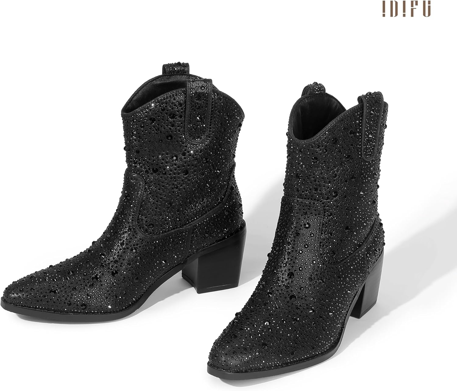 image:imageIDIFU IN2 Womens Booties Cowgirl Cowboy Rhinestone Ankle Boots for Women Low Short Block Heel Pointed Toe Slip On Fall Booties Ladies Western Sparkly Glitter Disco Wedding Fashion Dressy BootsBlack Rhinestone
