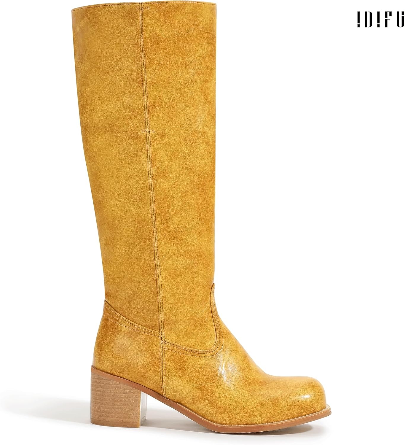 image:imageIDIFU IN2 Womens Knee High Boots Banana Square Toe Chunky Block Low Heel Tall Boot Long Fall Riding BootsBanana Yellow
