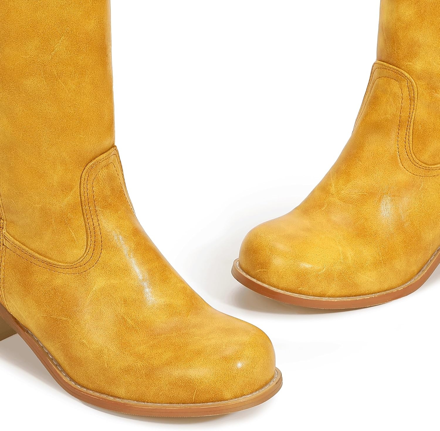 image:imageIDIFU IN2 Womens Knee High Boots Banana Square Toe Chunky Block Low Heel Tall Boot Long Fall Riding BootsBanana Yellow