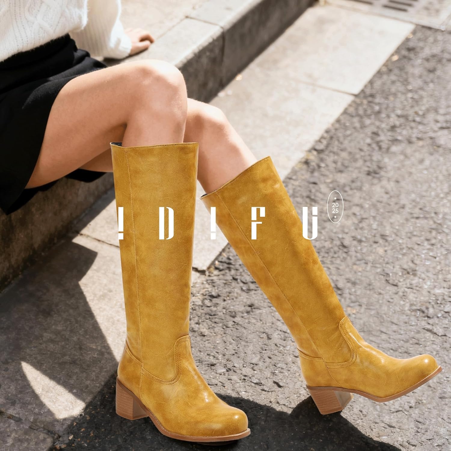 image:imageIDIFU IN2 Womens Knee High Boots Banana Square Toe Chunky Block Low Heel Tall Boot Long Fall Riding BootsBanana Yellow
