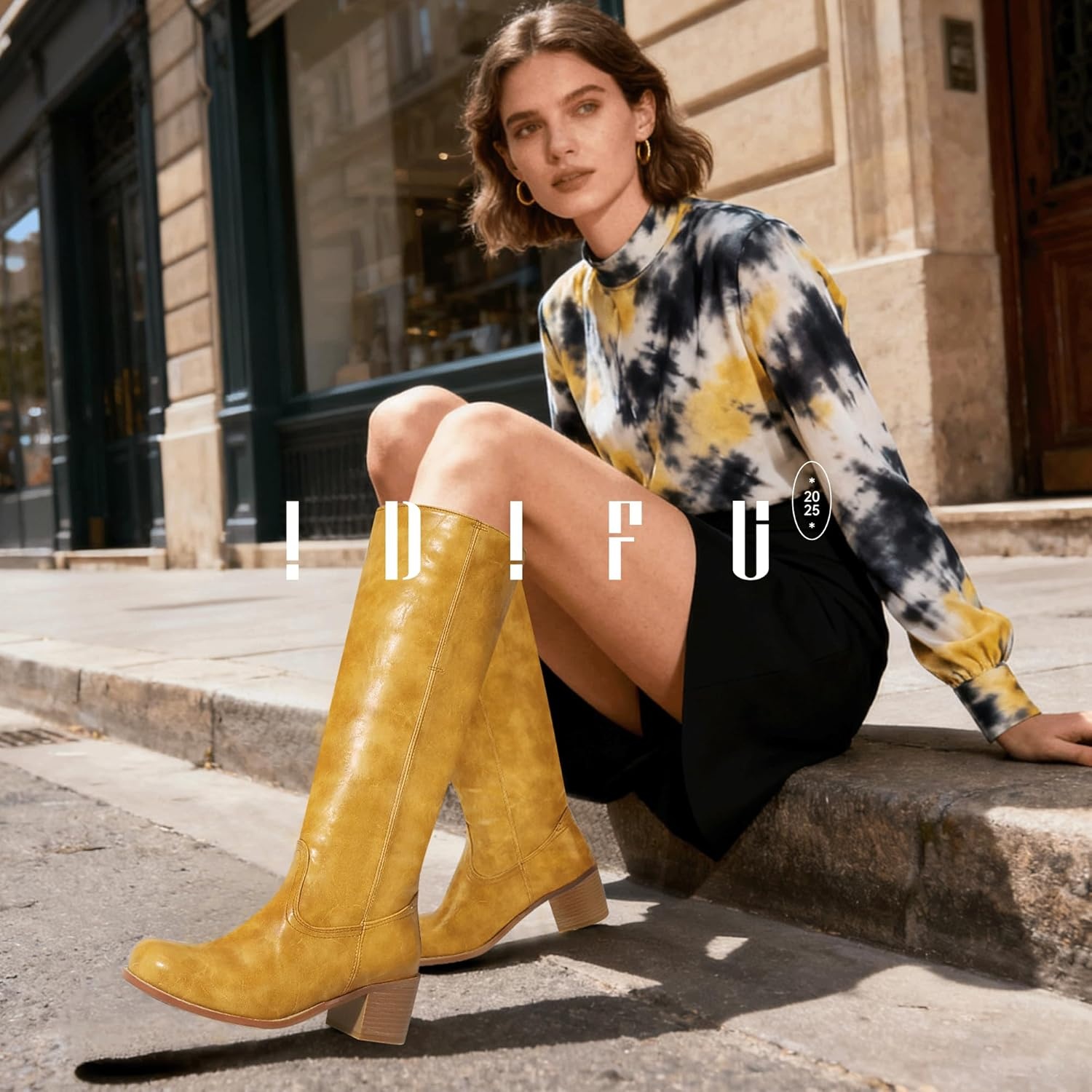 image:imageIDIFU IN2 Womens Knee High Boots Banana Square Toe Chunky Block Low Heel Tall Boot Long Fall Riding BootsBanana Yellow