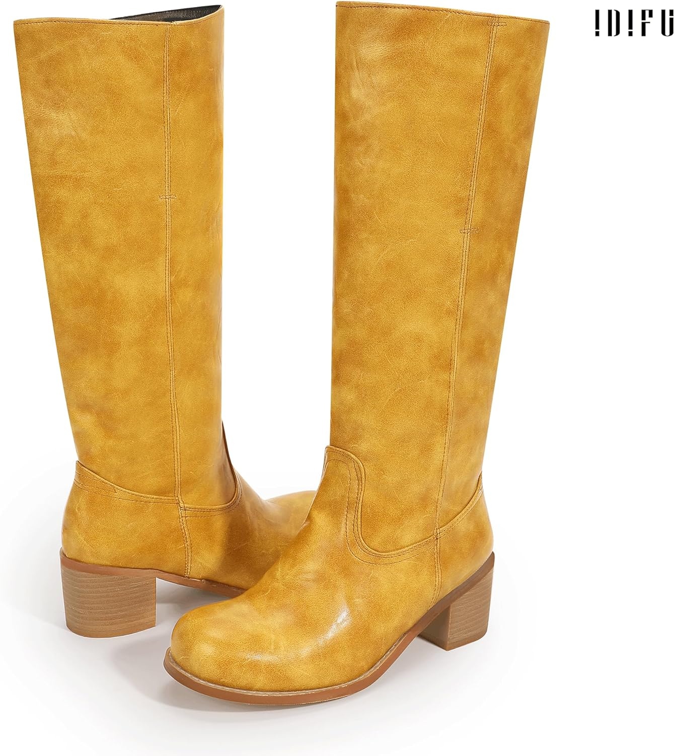 image:imageIDIFU IN2 Womens Knee High Boots Banana Square Toe Chunky Block Low Heel Tall Boot Long Fall Riding BootsBanana Yellow