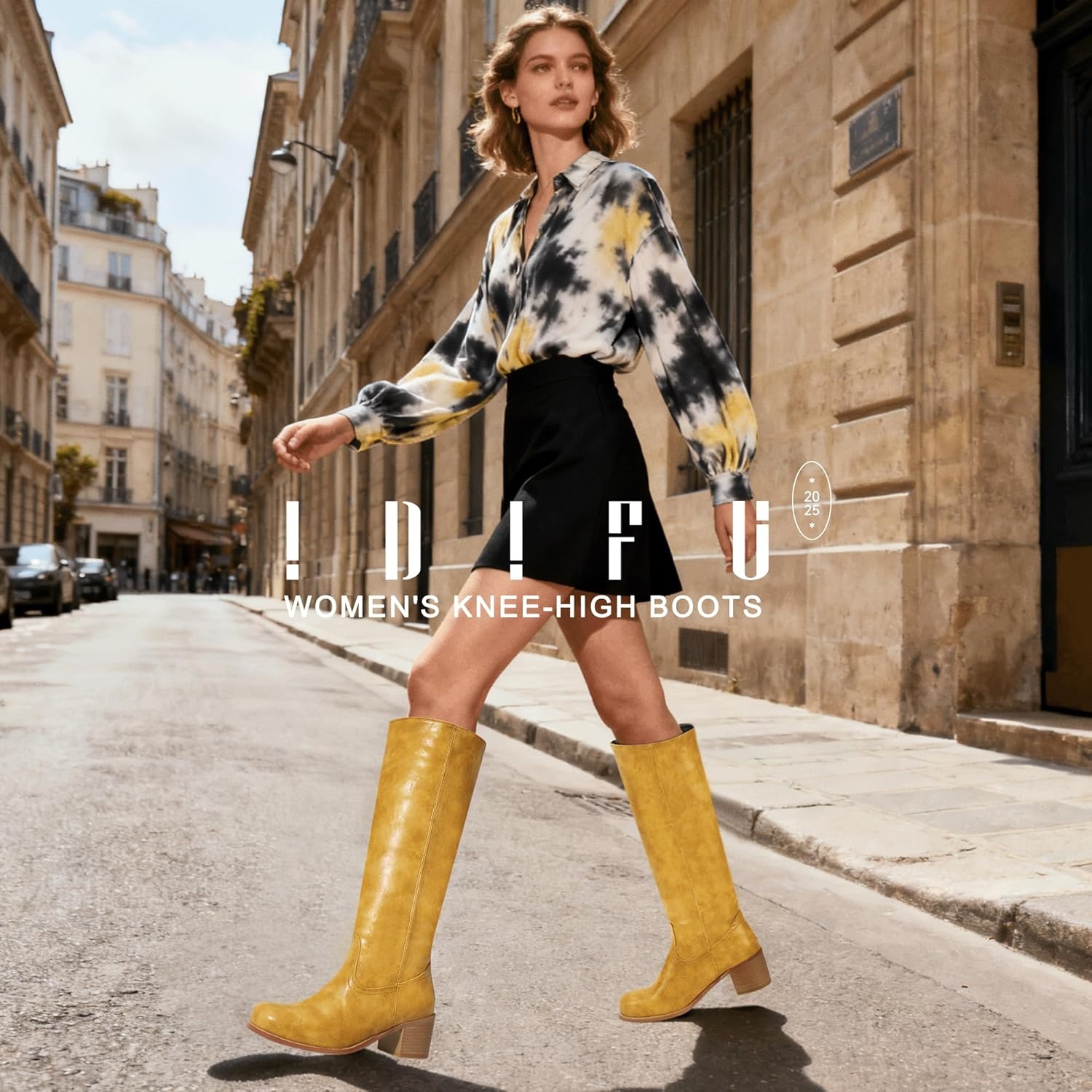 image:imageIDIFU IN2 Womens Knee High Boots Banana Square Toe Chunky Block Low Heel Tall Boot Long Fall Riding BootsBanana Yellow