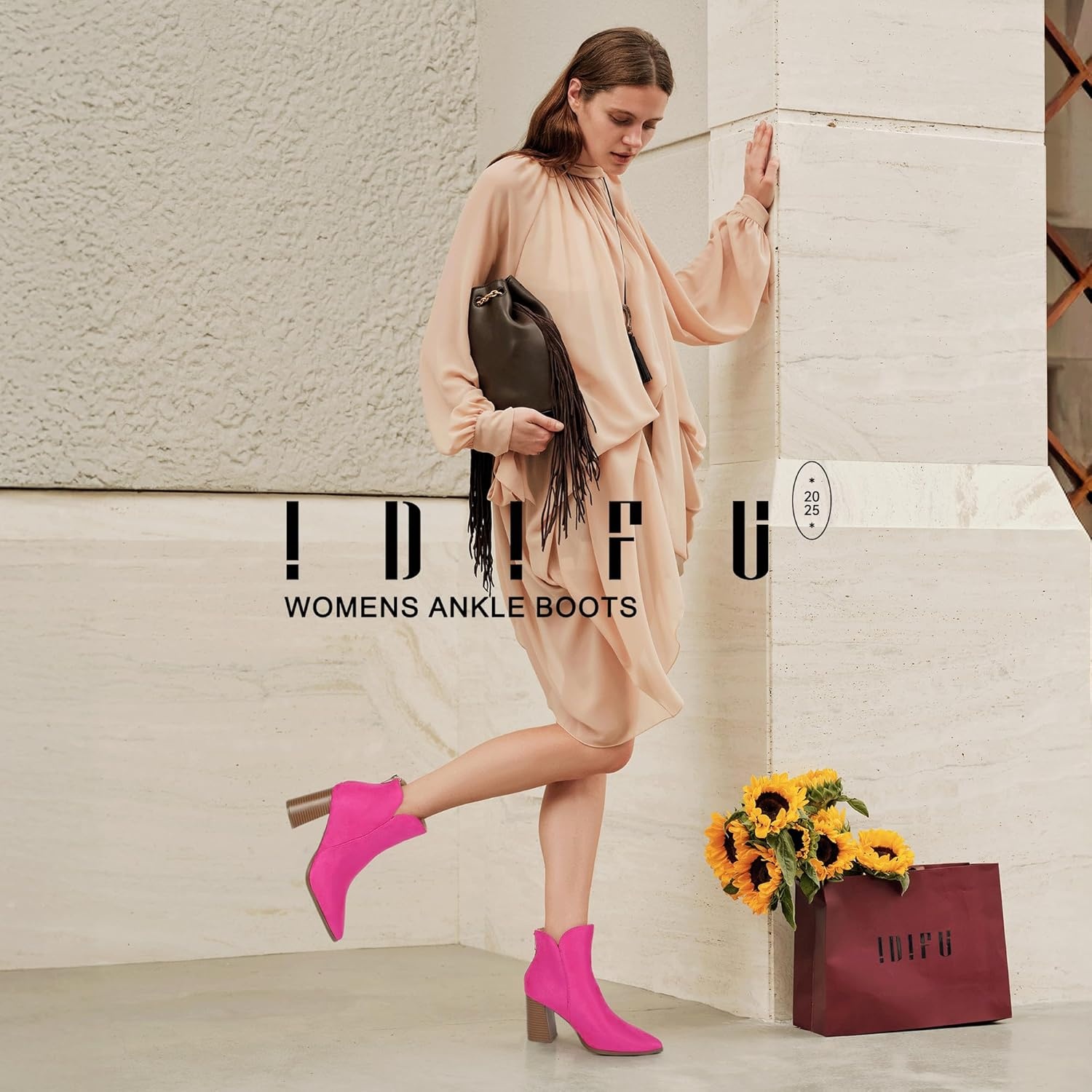 image:imageIDIFU IN3 Ankle Boots for Women Chunky Block Short Heel Boot Comfortable Classic Pointed Toe Dress Booties Casual Dressy Fashion Side V Cutout with Zipper Fall BootsHot Pink Suede