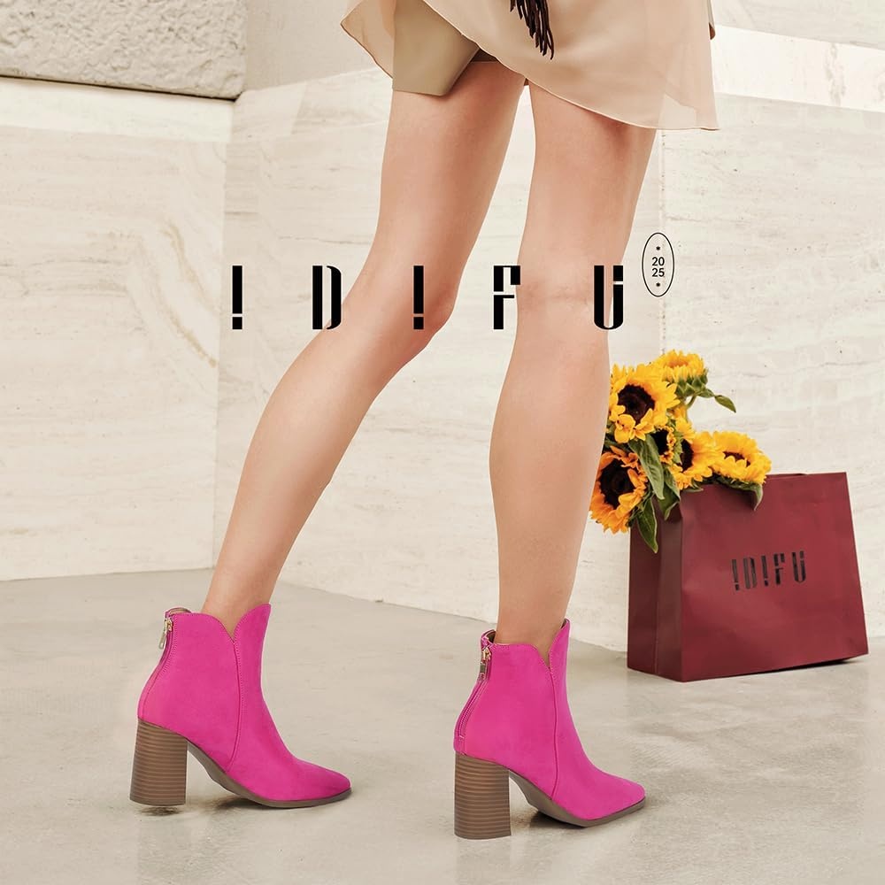 image:imageIDIFU IN3 Ankle Boots for Women Chunky Block Short Heel Boot Comfortable Classic Pointed Toe Dress Booties Casual Dressy Fashion Side V Cutout with Zipper Fall BootsHot Pink Suede