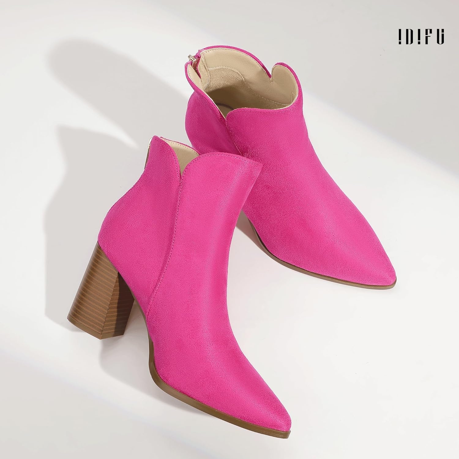 image:imageIDIFU IN3 Ankle Boots for Women Chunky Block Short Heel Boot Comfortable Classic Pointed Toe Dress Booties Casual Dressy Fashion Side V Cutout with Zipper Fall BootsHot Pink Suede