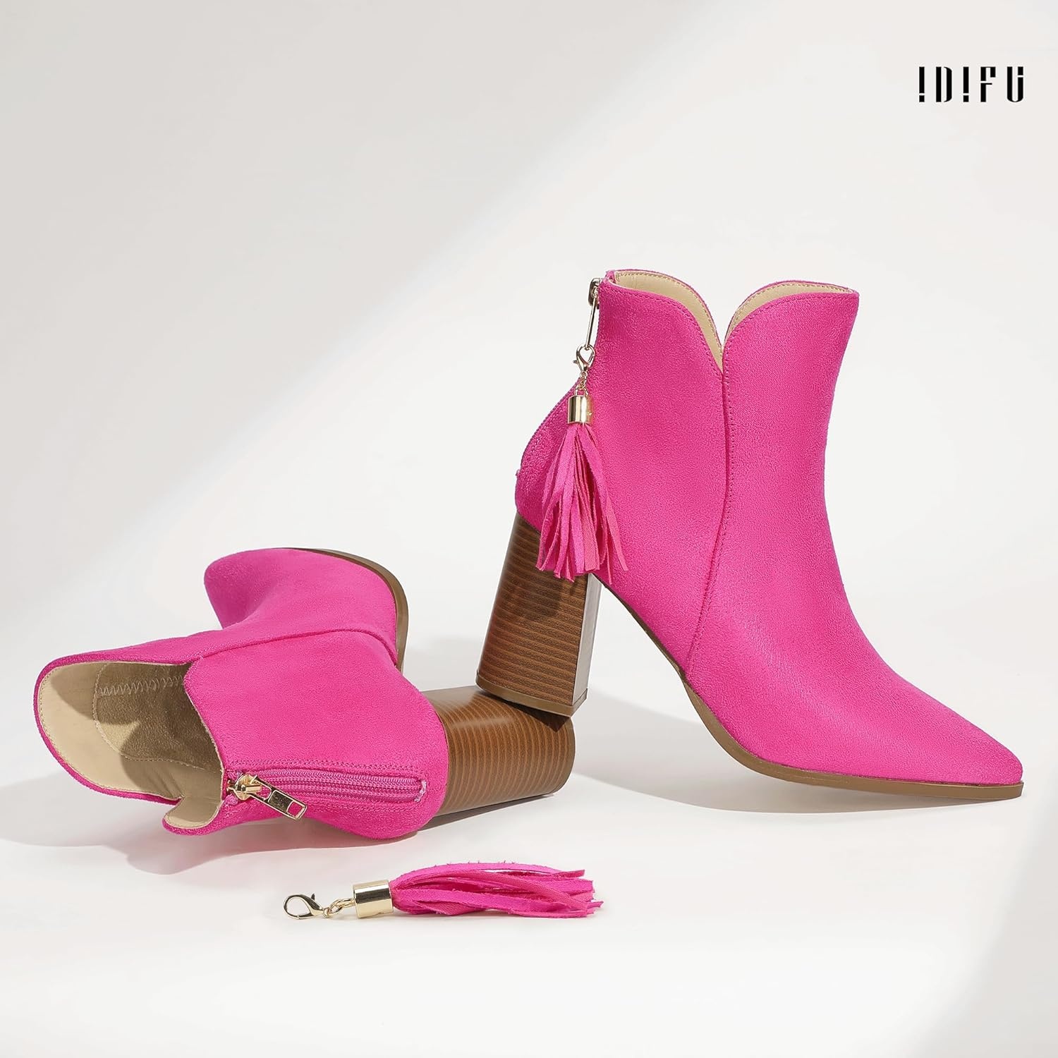 image:imageIDIFU IN3 Ankle Boots for Women Chunky Block Short Heel Boot Comfortable Classic Pointed Toe Dress Booties Casual Dressy Fashion Side V Cutout with Zipper Fall BootsHot Pink Suede