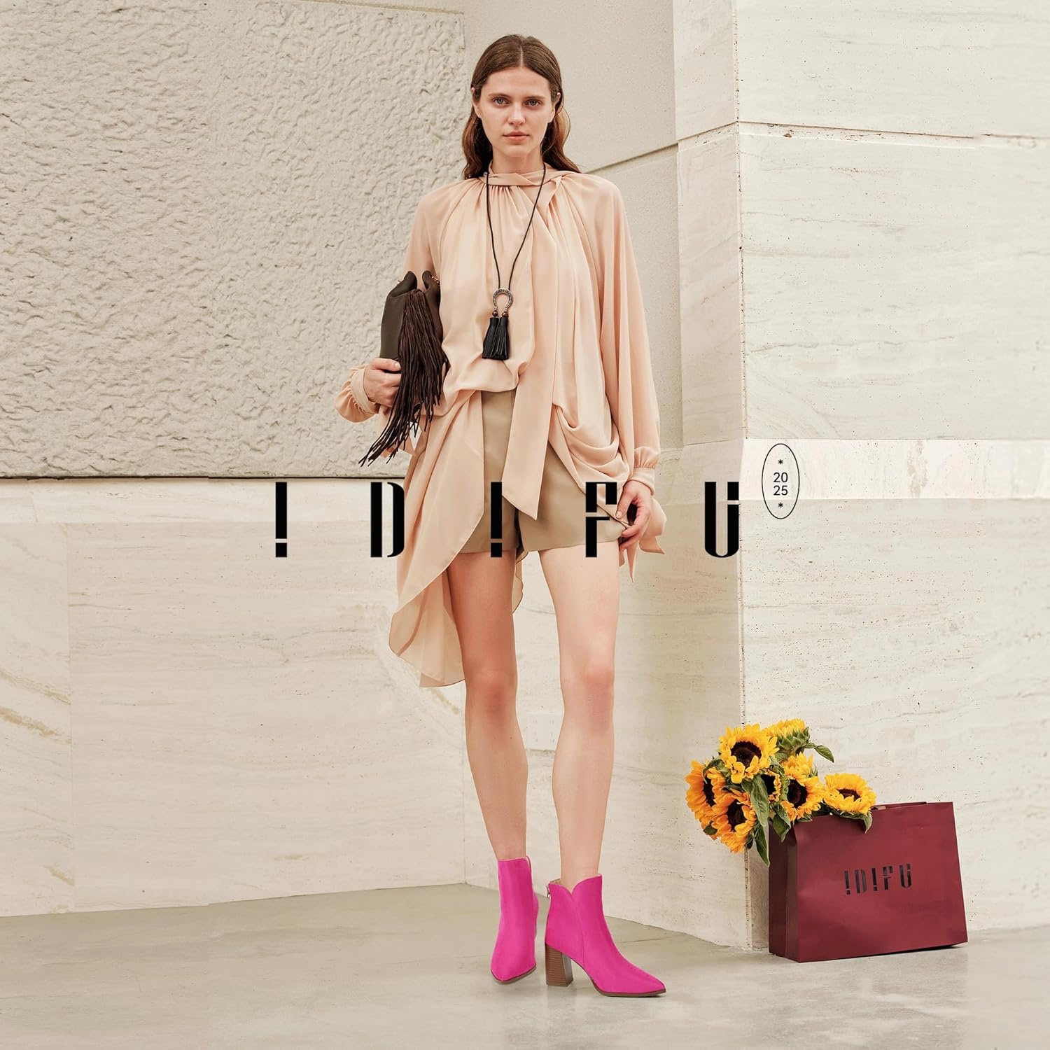 image:imageIDIFU IN3 Ankle Boots for Women Chunky Block Short Heel Boot Comfortable Classic Pointed Toe Dress Booties Casual Dressy Fashion Side V Cutout with Zipper Fall BootsHot Pink Suede