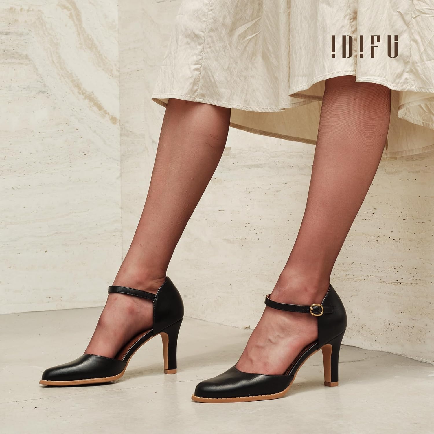 image:imageIDIFU IN3 Closed Toe Chunky High Heels Comfortable Dress Shoes for Women Pumps Vintage Heels Dressy Wedding Prom Bridal Party Work Office Business DOrsay Pumps ShoesBlack Pu