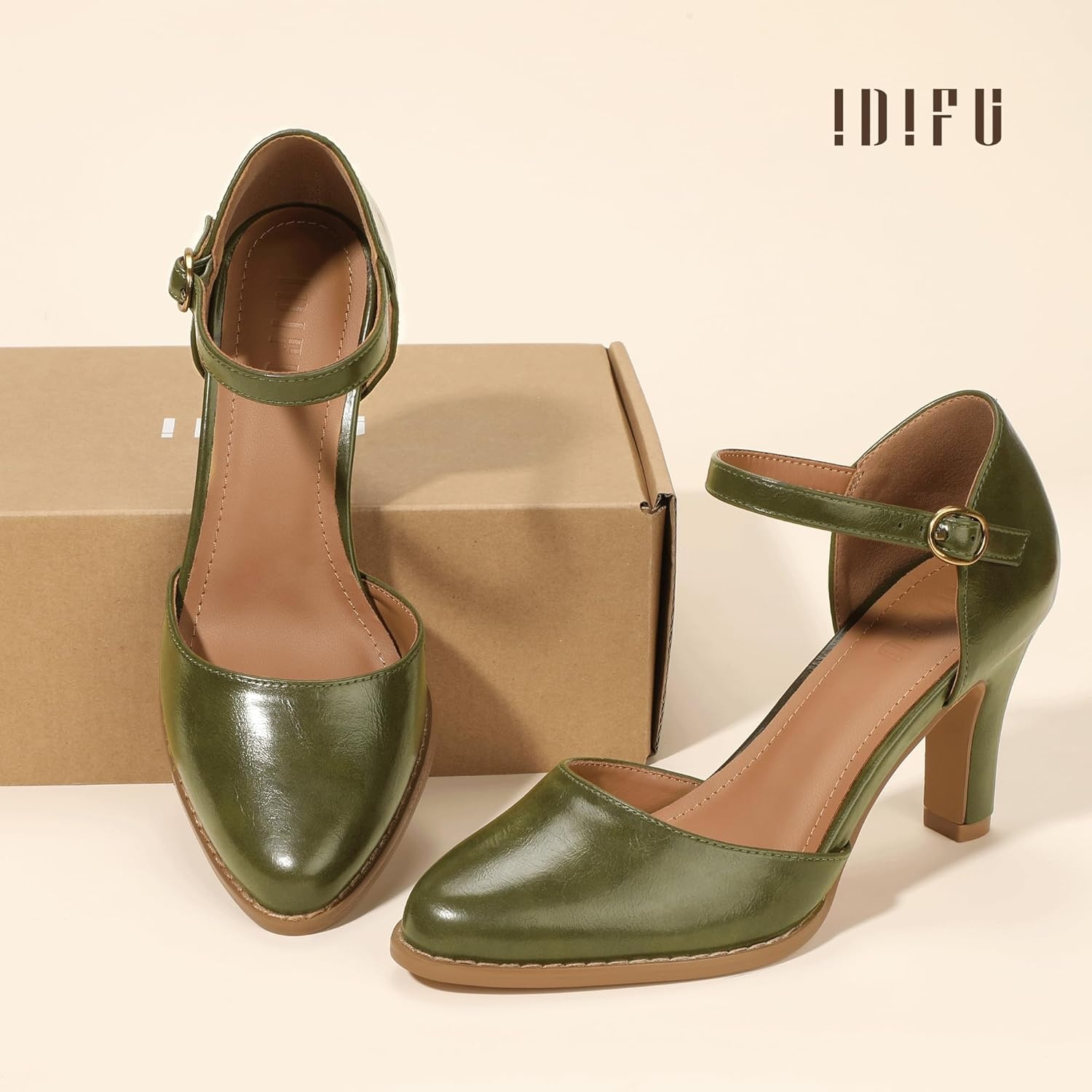 image:imageIDIFU IN3 Closed Toe Chunky High Heels Comfortable Dress Shoes for Women Pumps Vintage Heels Dressy Wedding Prom Bridal Party Work Office Business DOrsay Pumps ShoesOlive Green Pu
