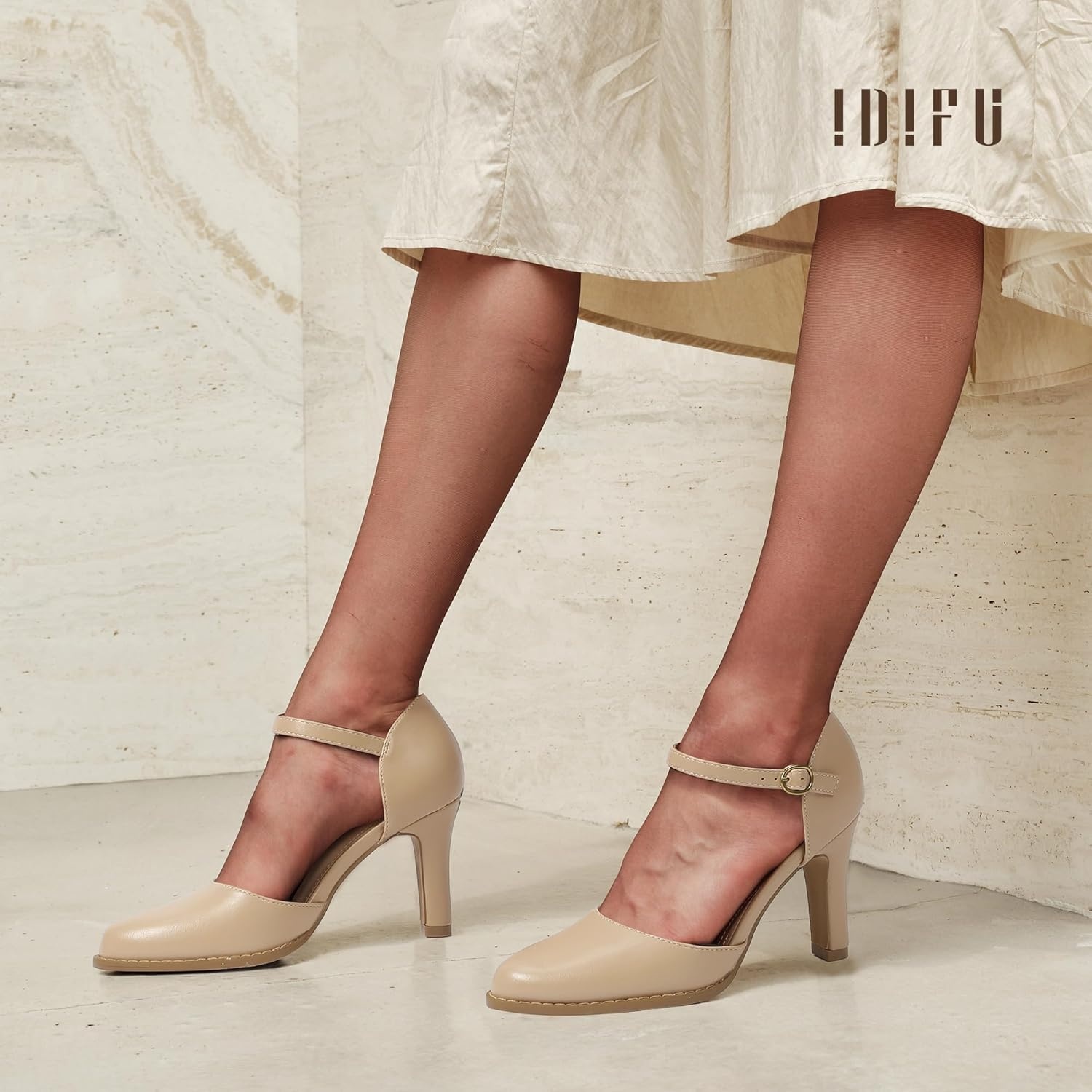 image:imageIDIFU IN3 Closed Toe Chunky High Heels Comfortable Dress Shoes for Women Pumps Vintage Heels Dressy Wedding Prom Bridal Party Work Office Business DOrsay Pumps ShoesNude Pu