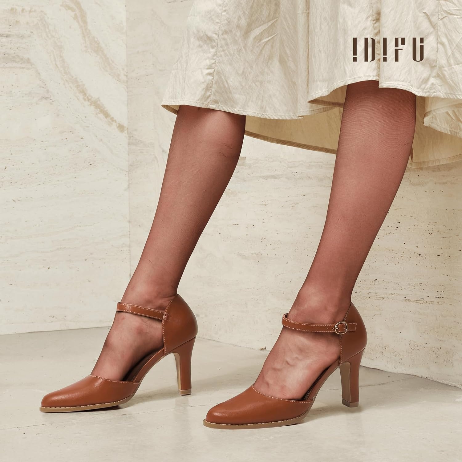 image:imageIDIFU IN3 Closed Toe Chunky High Heels Comfortable Dress Shoes for Women Pumps Vintage Heels Dressy Wedding Prom Bridal Party Work Office Business DOrsay Pumps ShoesBrown Pu