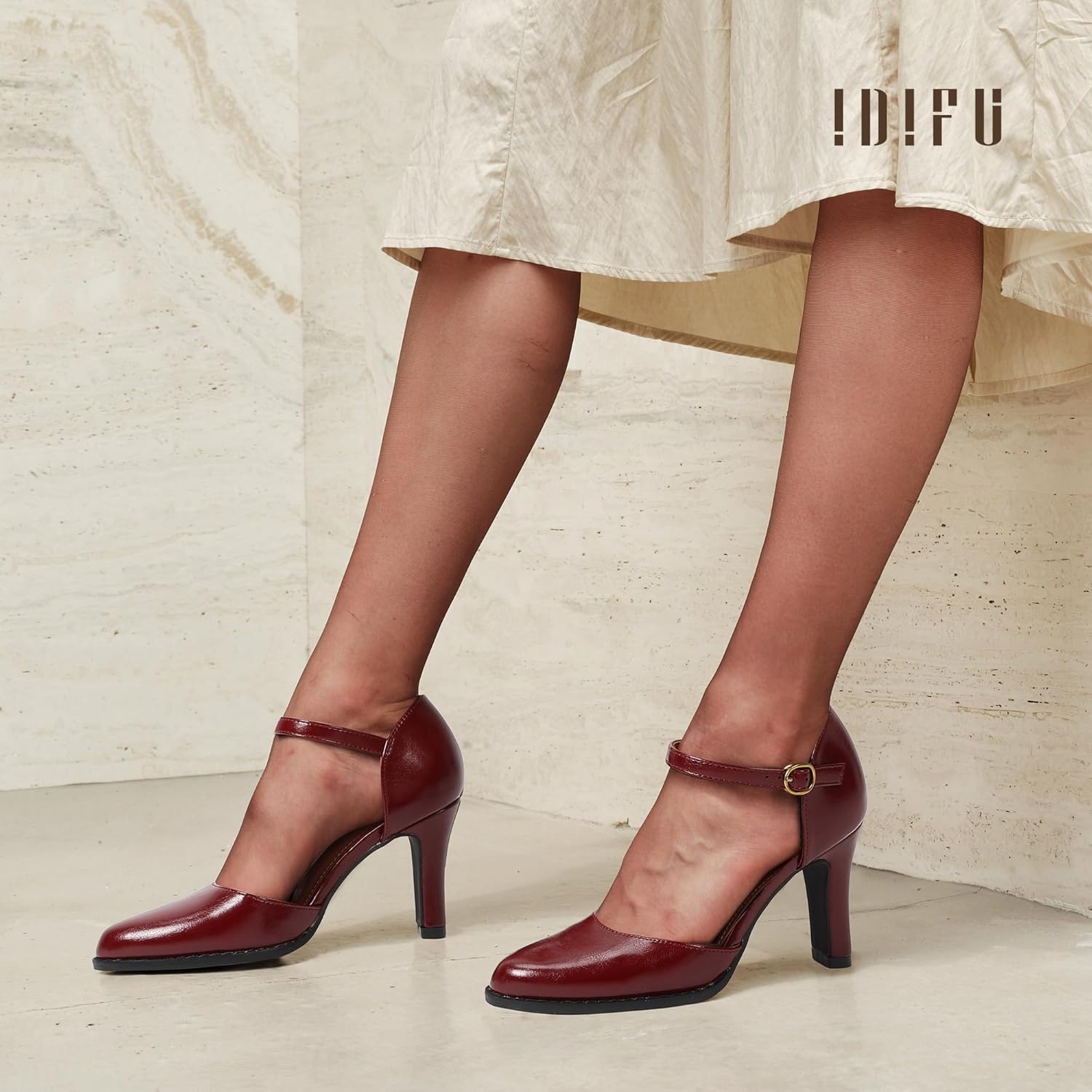 image:imageIDIFU IN3 Closed Toe Chunky High Heels Comfortable Dress Shoes for Women Pumps Vintage Heels Dressy Wedding Prom Bridal Party Work Office Business DOrsay Pumps ShoesRed Pu