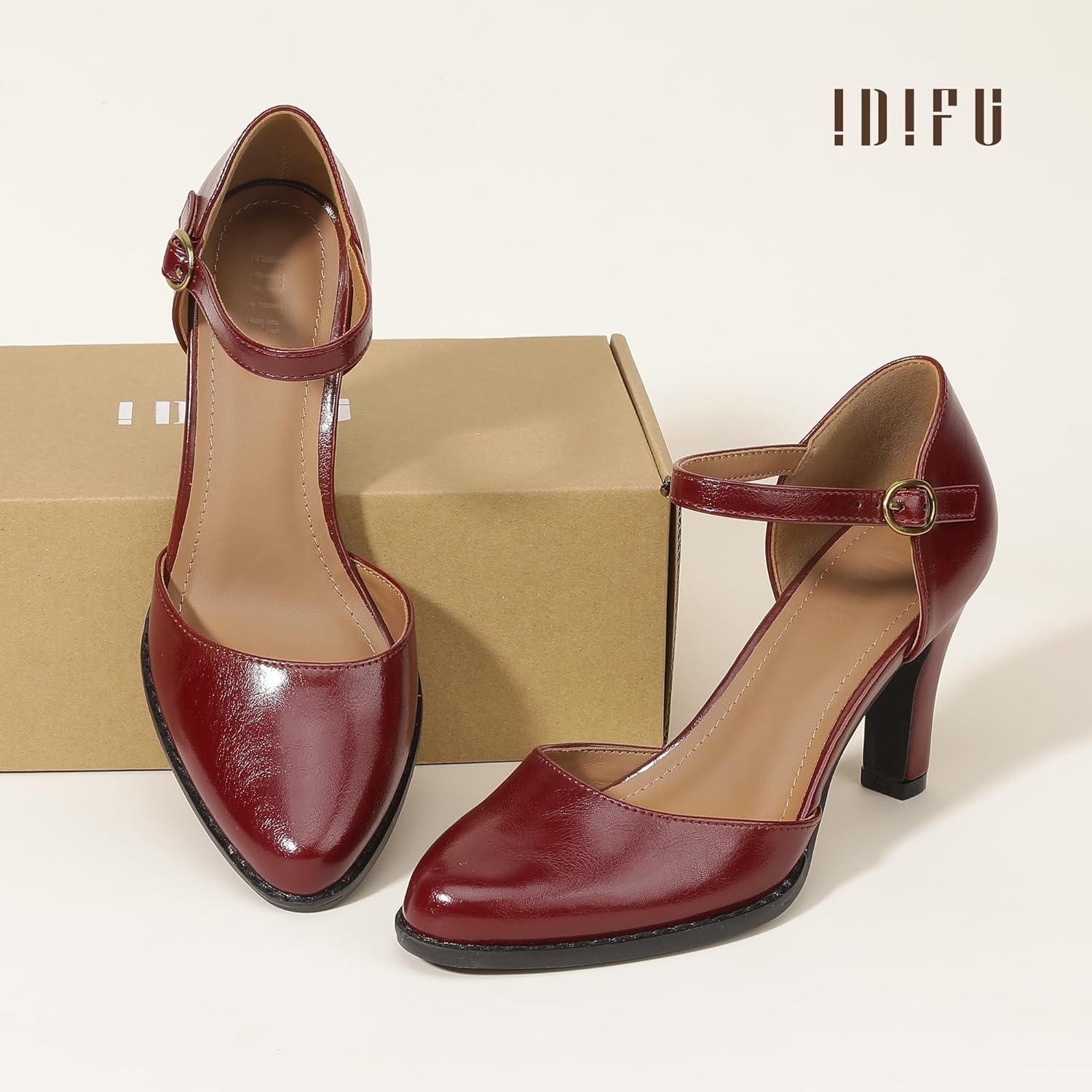 image:imageIDIFU IN3 Closed Toe Chunky High Heels Comfortable Dress Shoes for Women Pumps Vintage Heels Dressy Wedding Prom Bridal Party Work Office Business DOrsay Pumps ShoesRed Pu